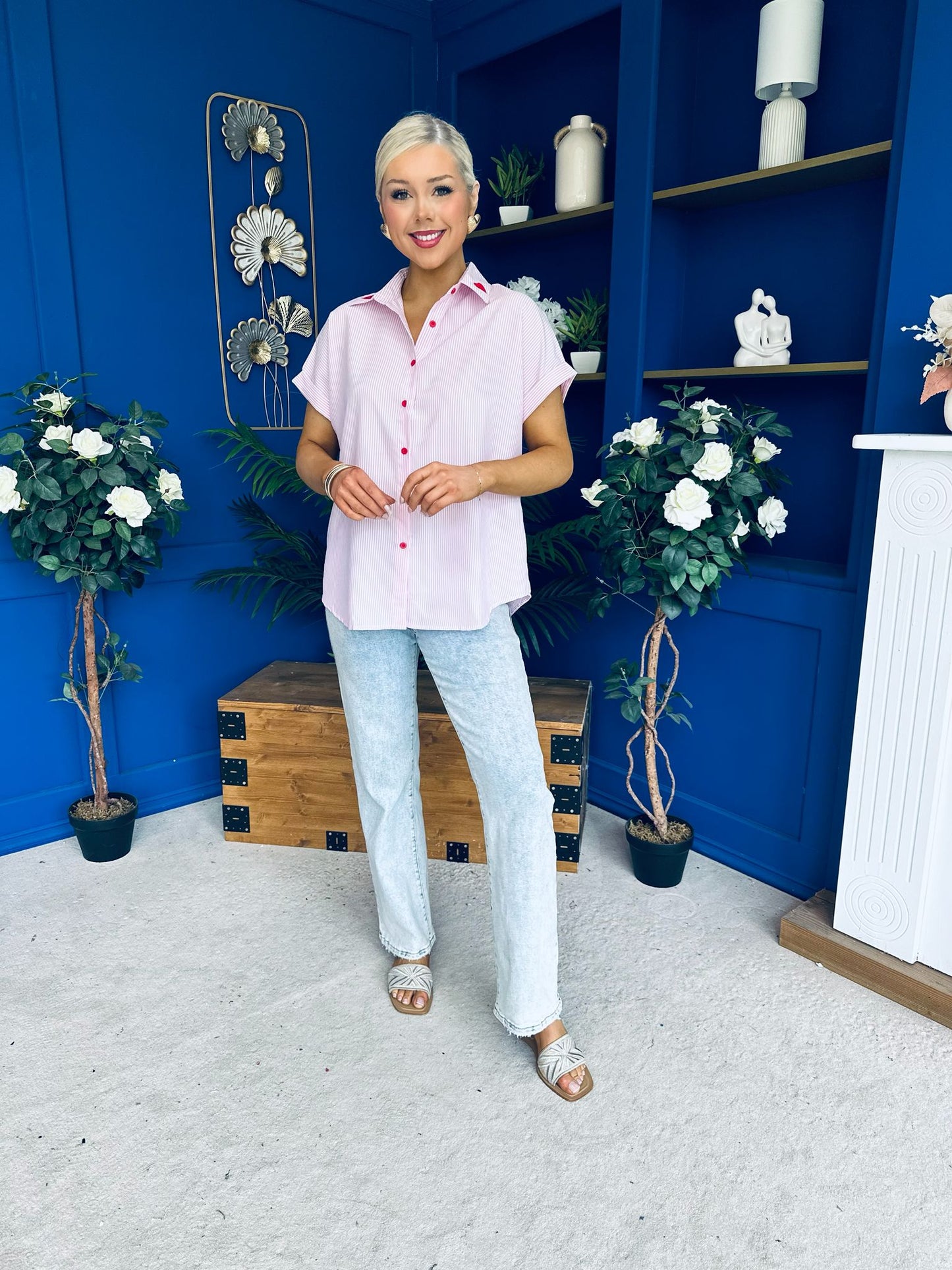 Adelyn Pinstrip Short Sleeve Shirt Pink