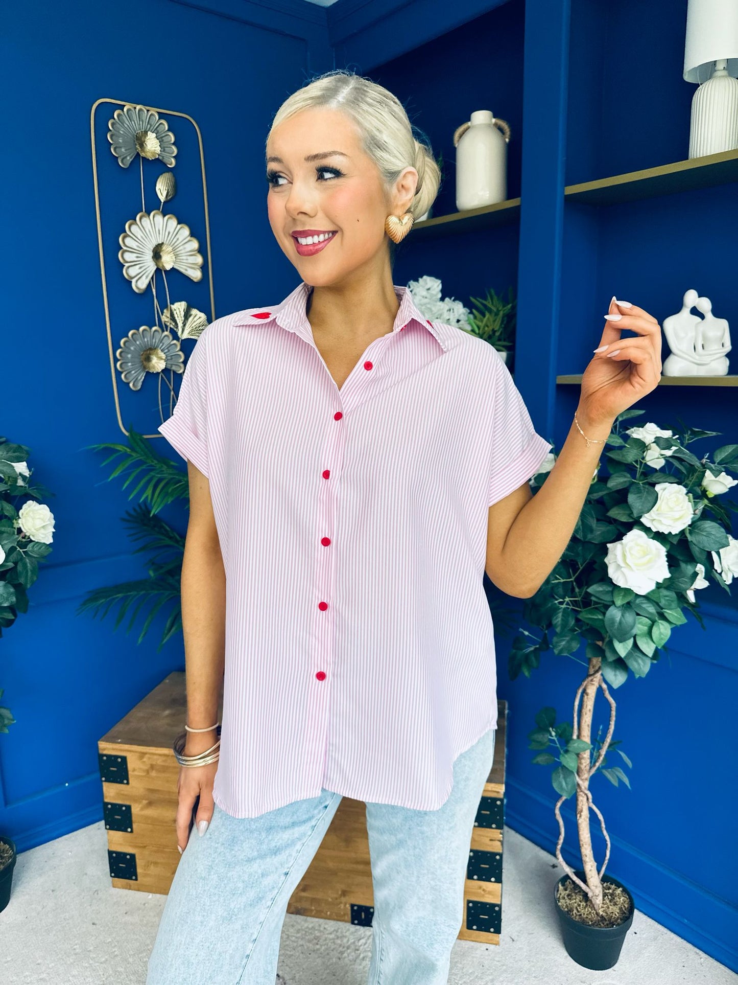 Adelyn Pinstrip Short Sleeve Shirt Pink