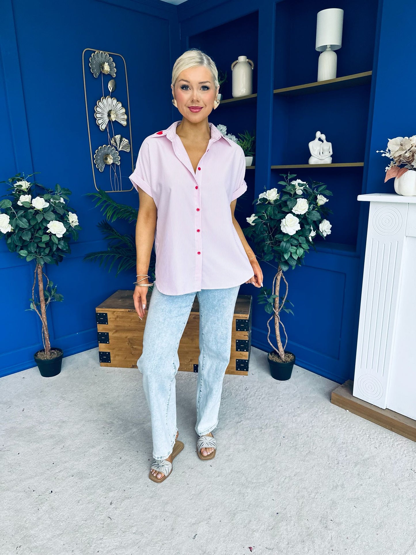 Adelyn Pinstrip Short Sleeve Shirt Pink