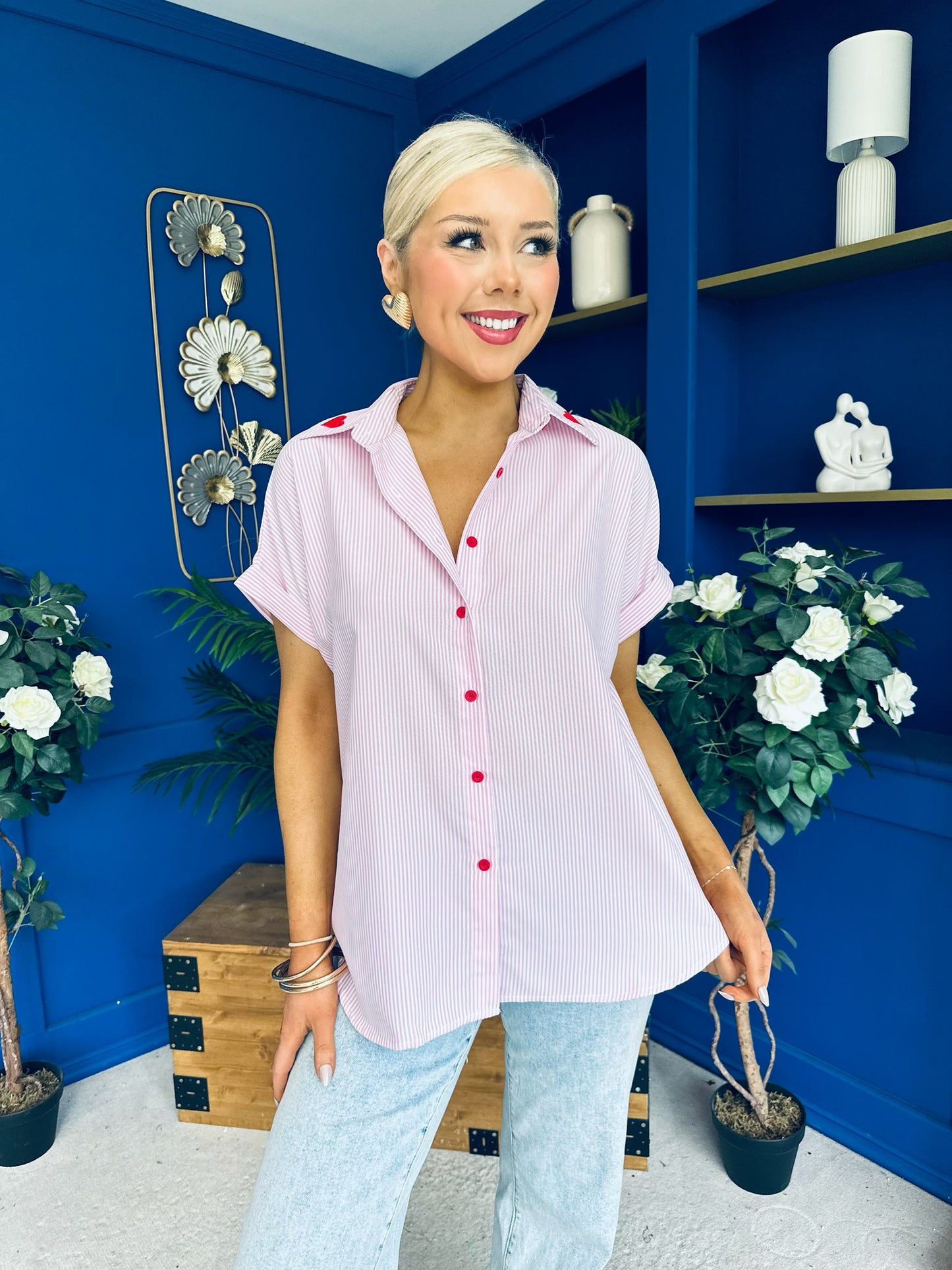 Adelyn Pinstrip Short Sleeve Shirt Pink