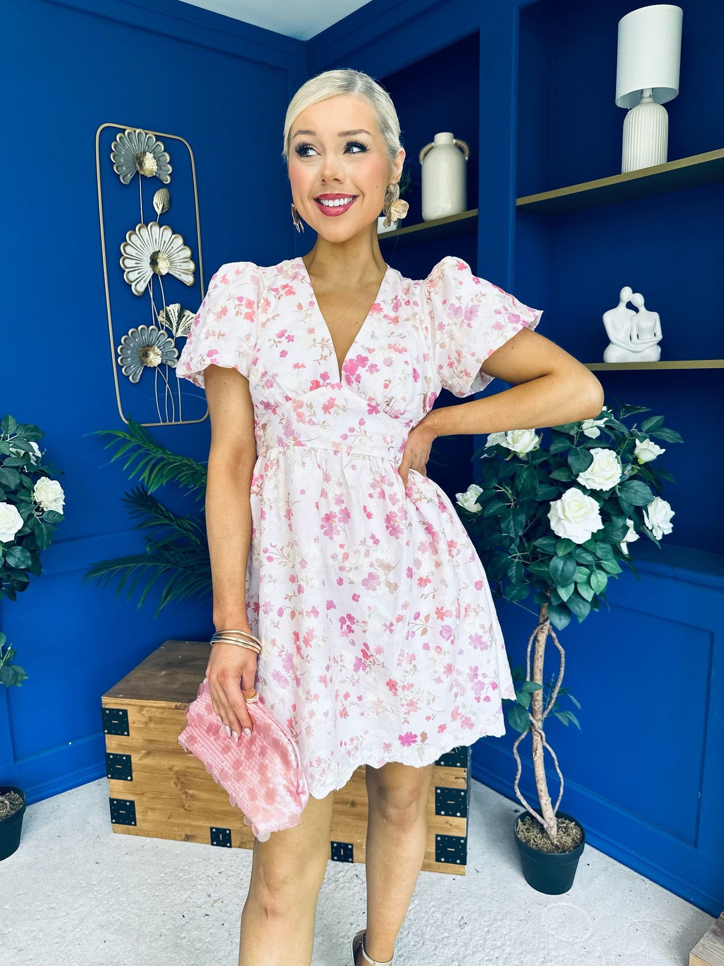 Billie Embroidered Mini Dress Floral Cream