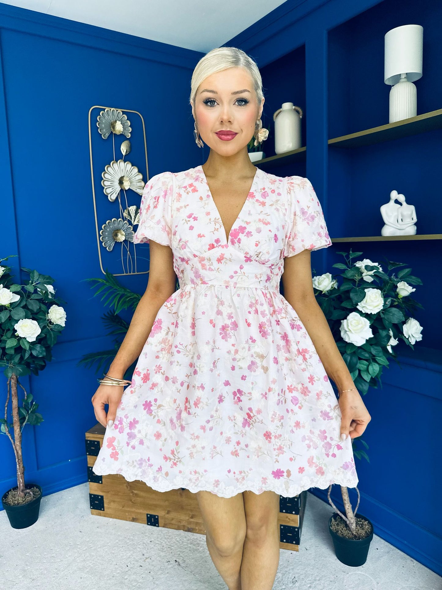 Billie Embroidered Mini Dress Floral Cream