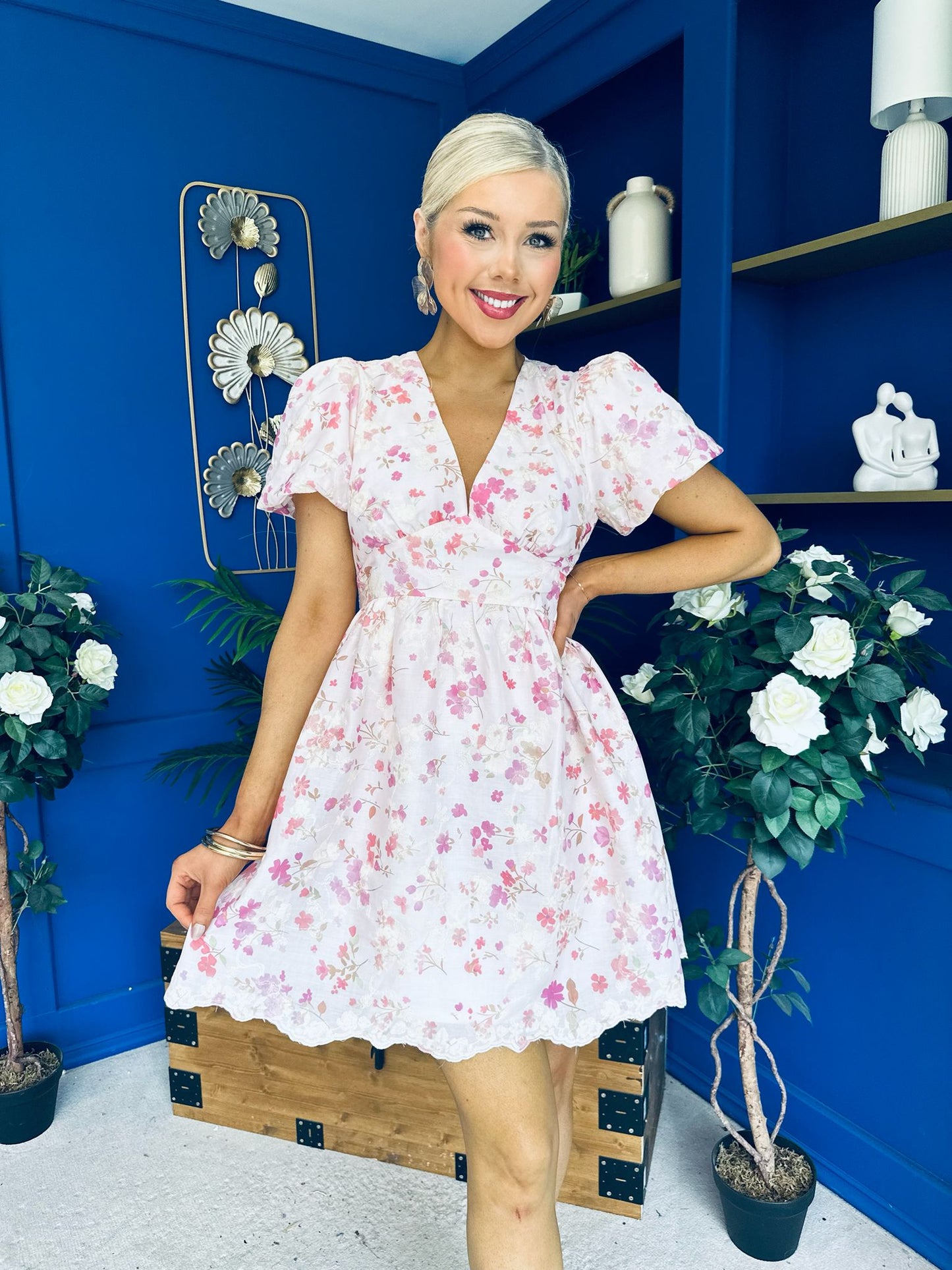 Billie Embroidered Mini Dress Floral Cream