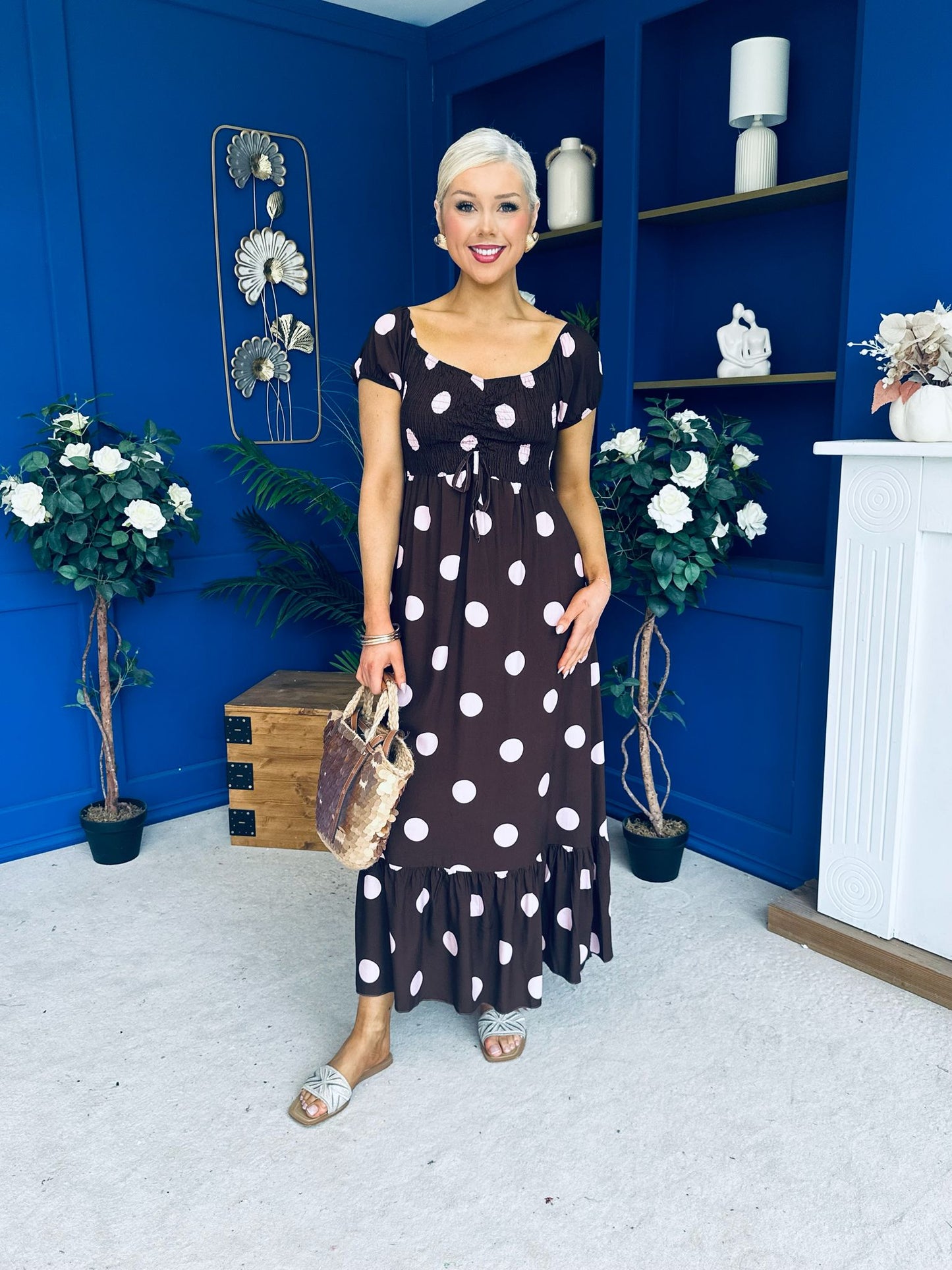 Serena Square Neck Midi Dress Pink Polka Coco