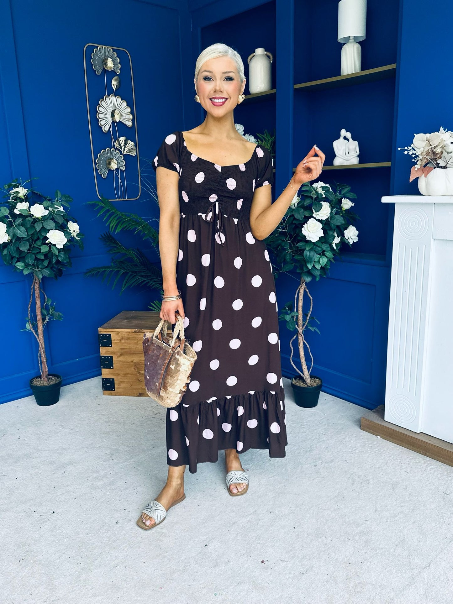 Serena Square Neck Midi Dress Pink Polka Coco