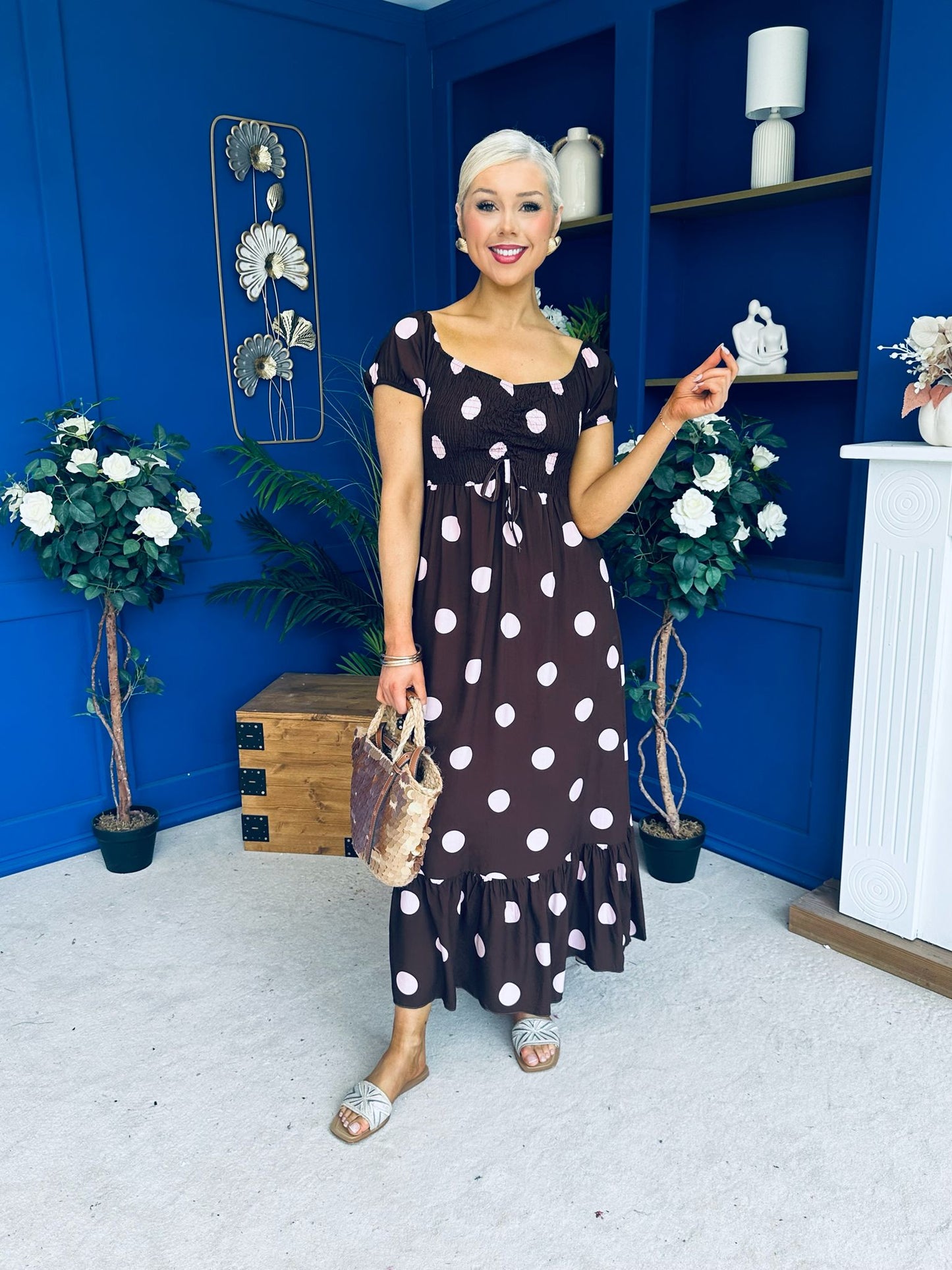 Serena Square Neck Midi Dress Pink Polka Coco