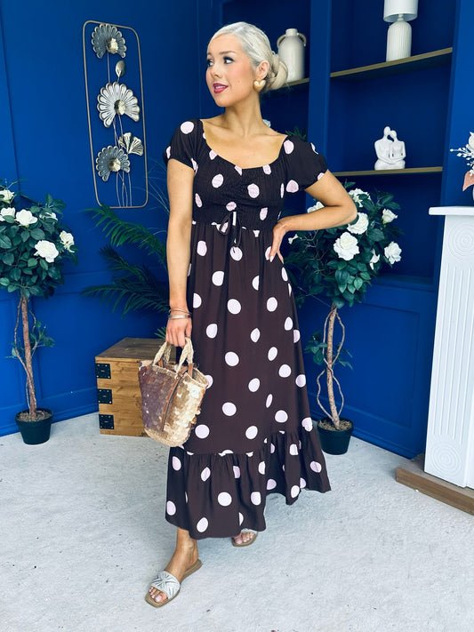 Serena Square Neck Midi Dress Pink Polka Coco