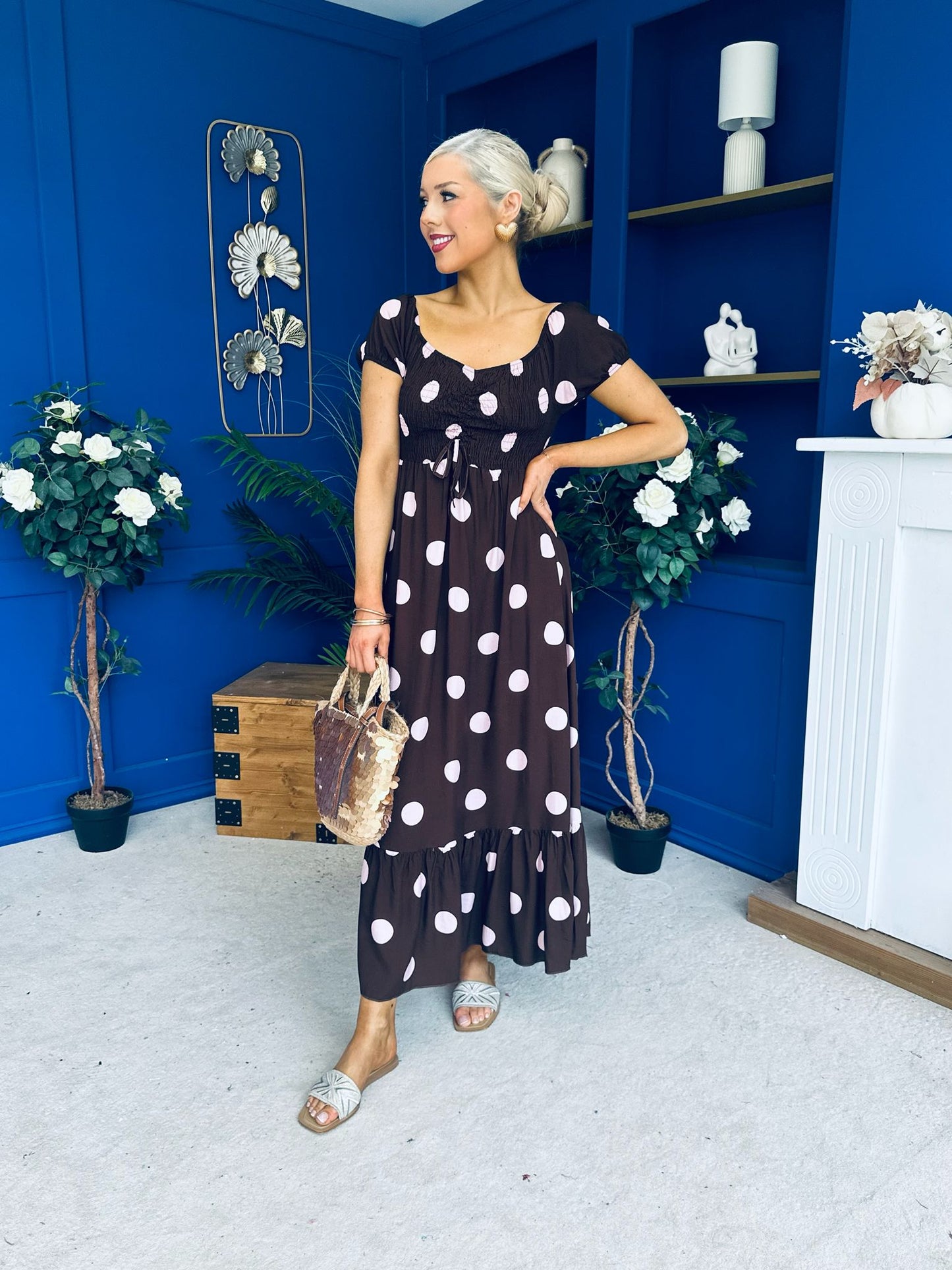 Serena Square Neck Midi Dress Pink Polka Coco
