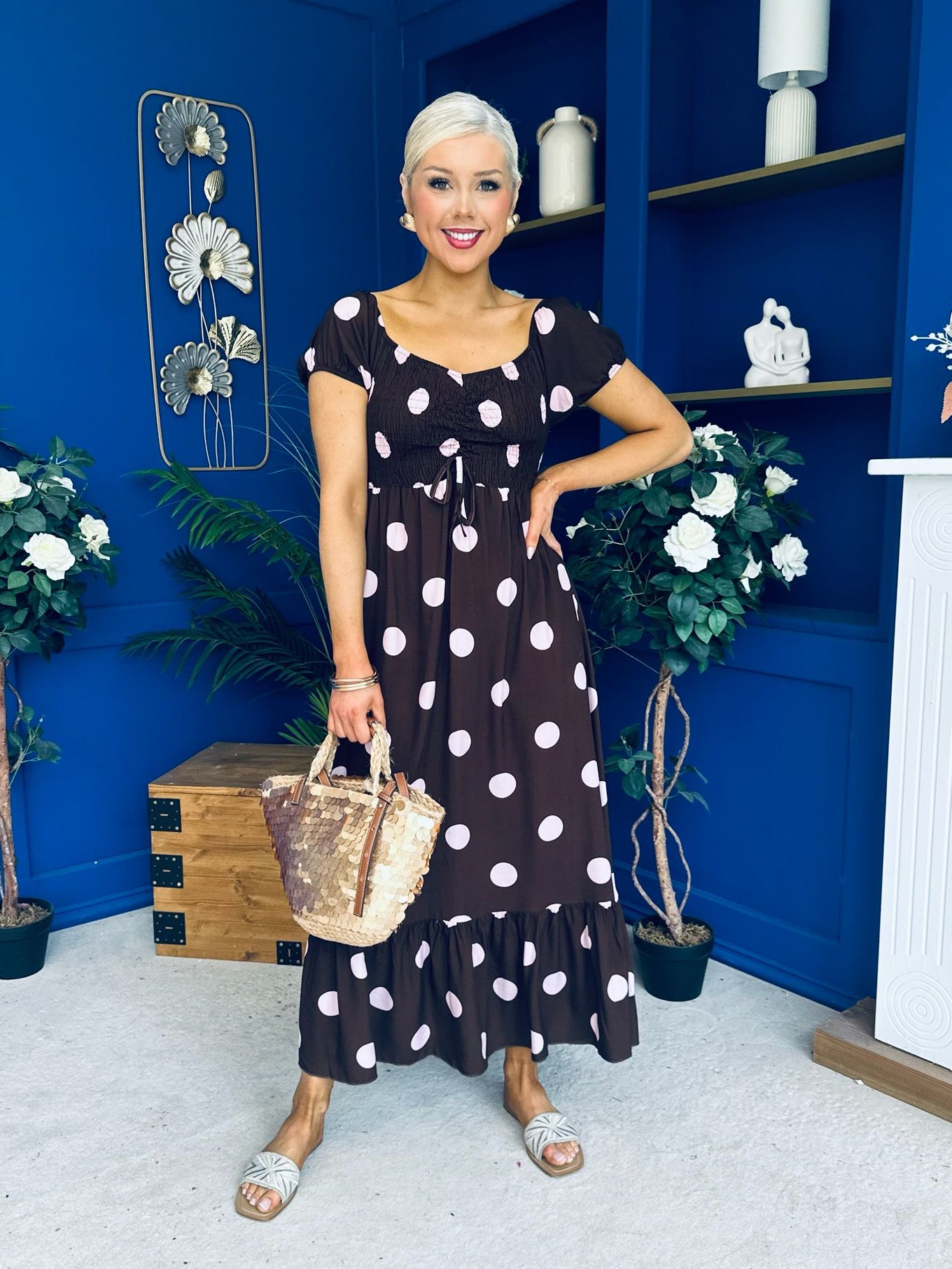 Serena Square Neck Midi Dress Pink Polka Coco