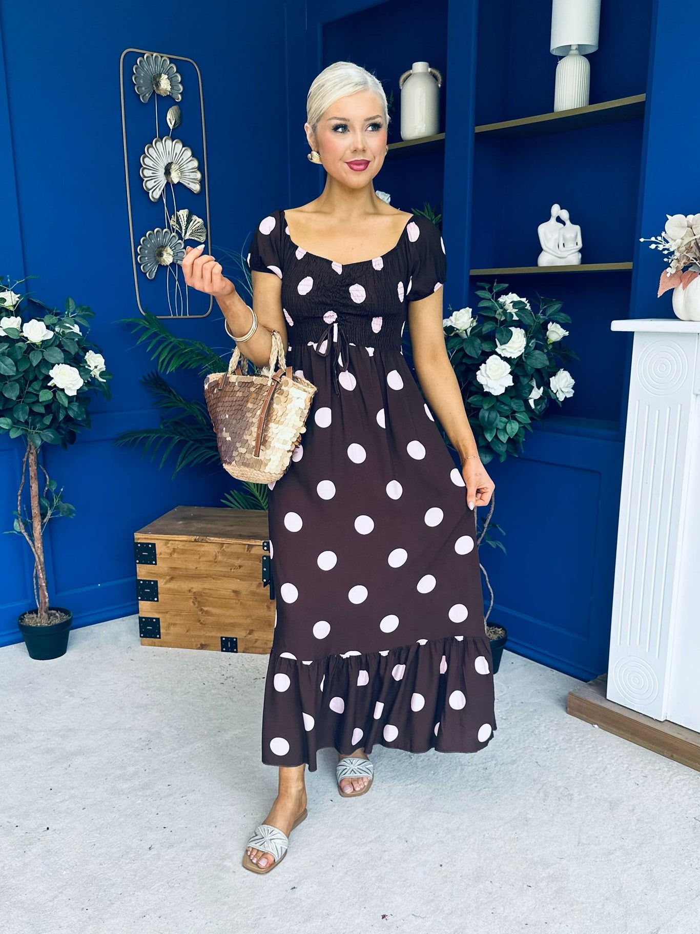Serena Square Neck Midi Dress Pink Polka Coco