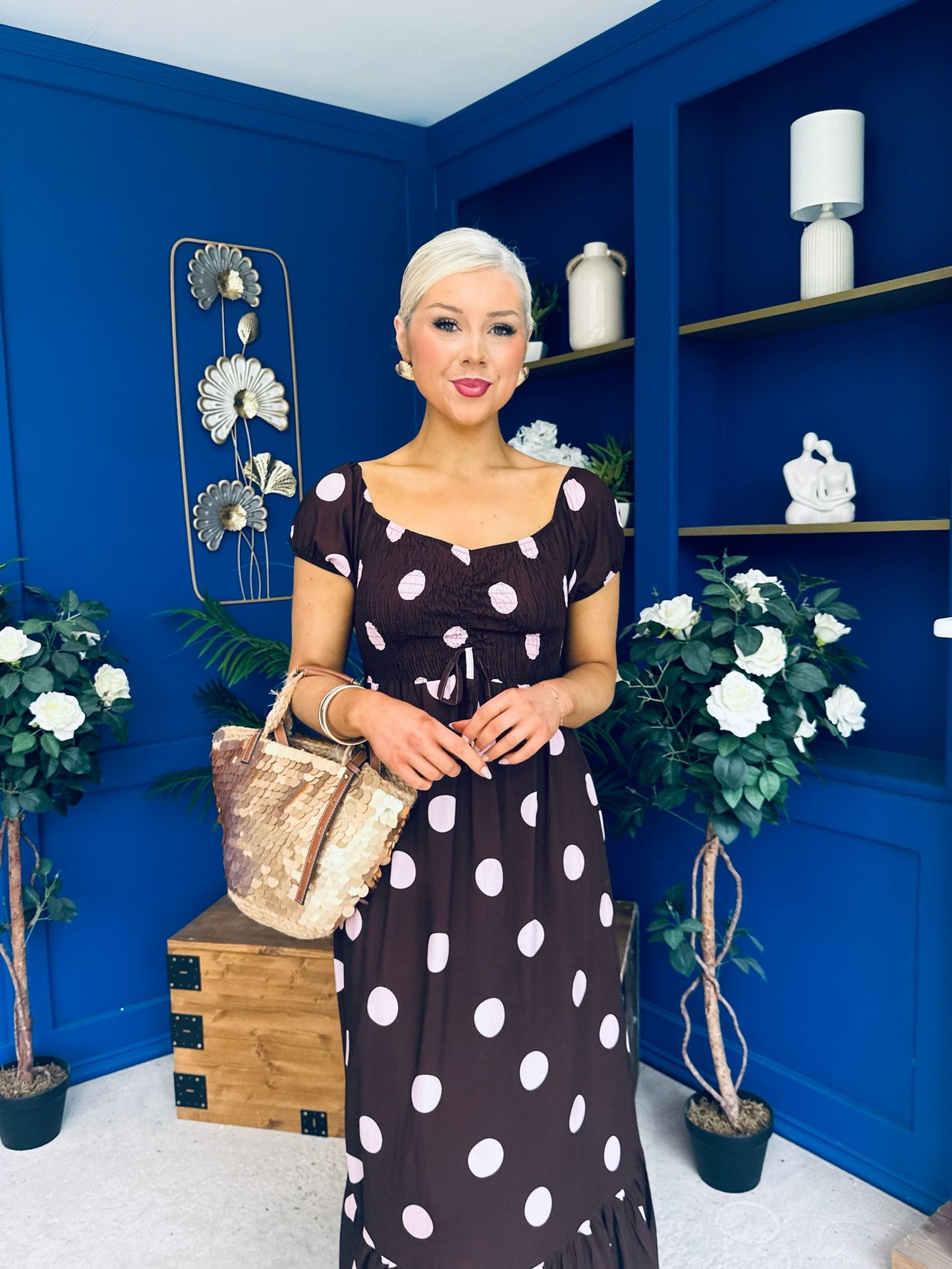 Serena Square Neck Midi Dress Pink Polka Coco