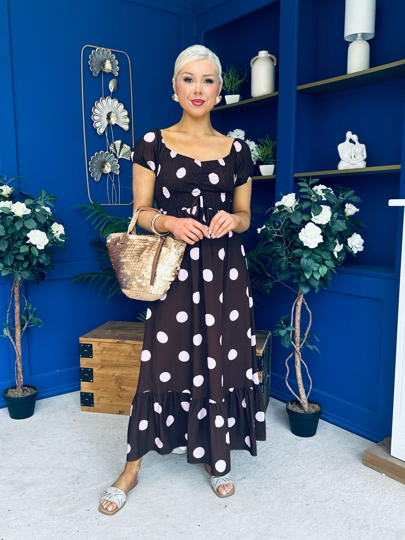 Serena Square Neck Midi Dress Pink Polka Coco