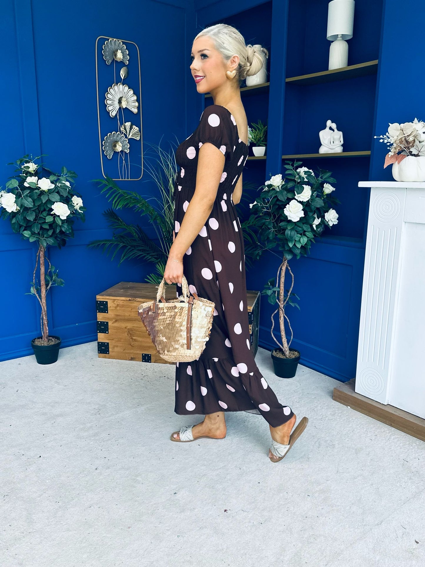 Serena Square Neck Midi Dress Pink Polka Coco