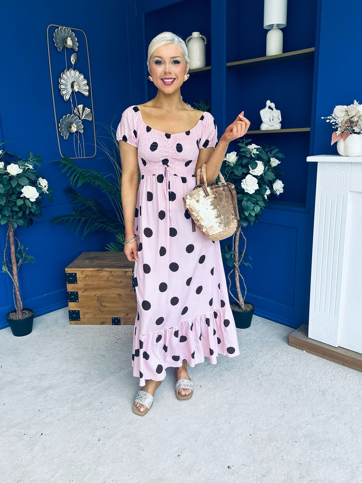 Serena Square Neck Midi Dress Coco Polka Pink