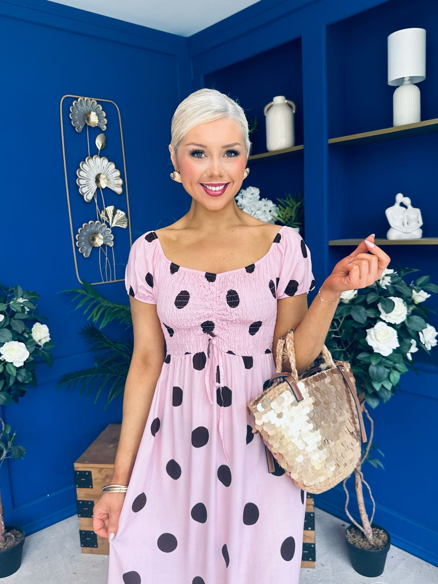 Serena Square Neck Midi Dress Coco Polka Pink