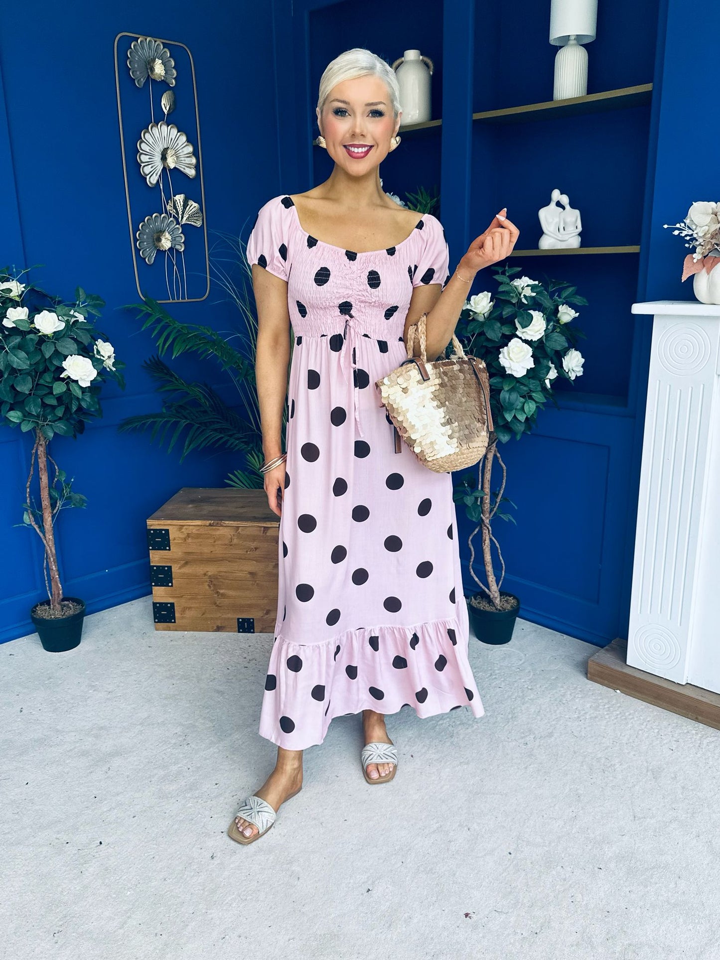 Serena Square Neck Midi Dress Coco Polka Pink