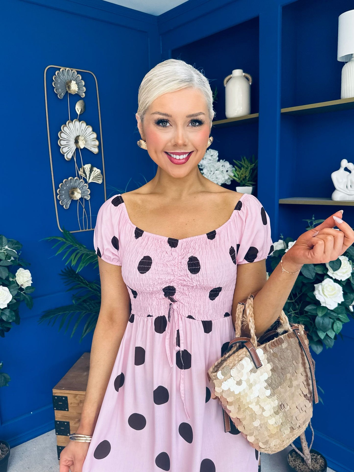 Serena Square Neck Midi Dress Coco Polka Pink