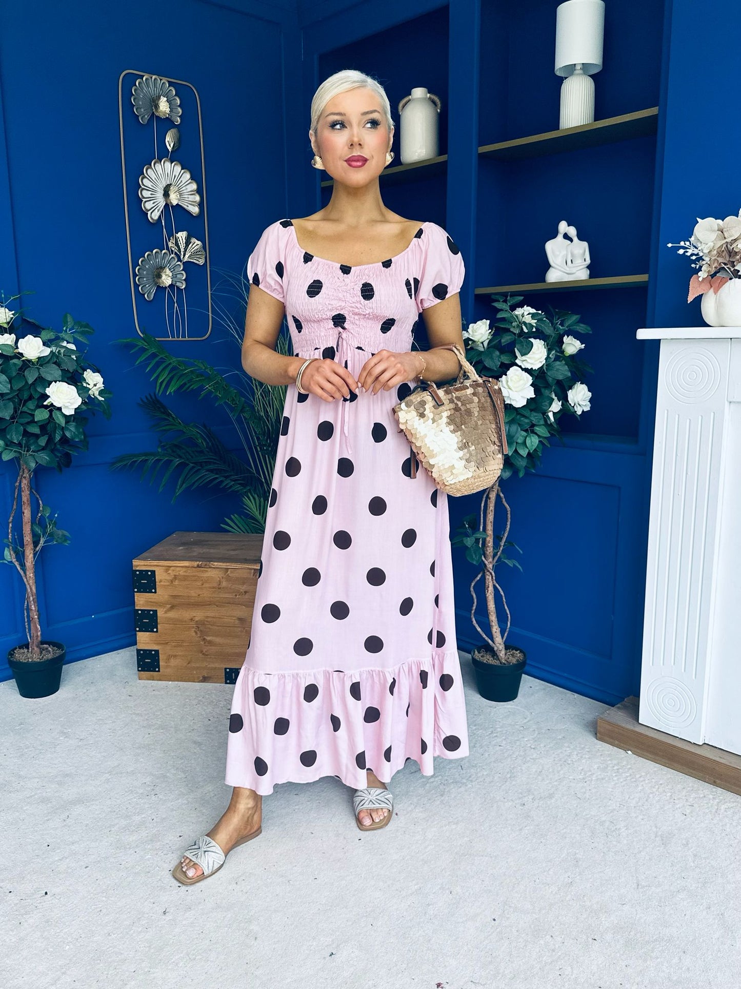 Serena Square Neck Midi Dress Coco Polka Pink