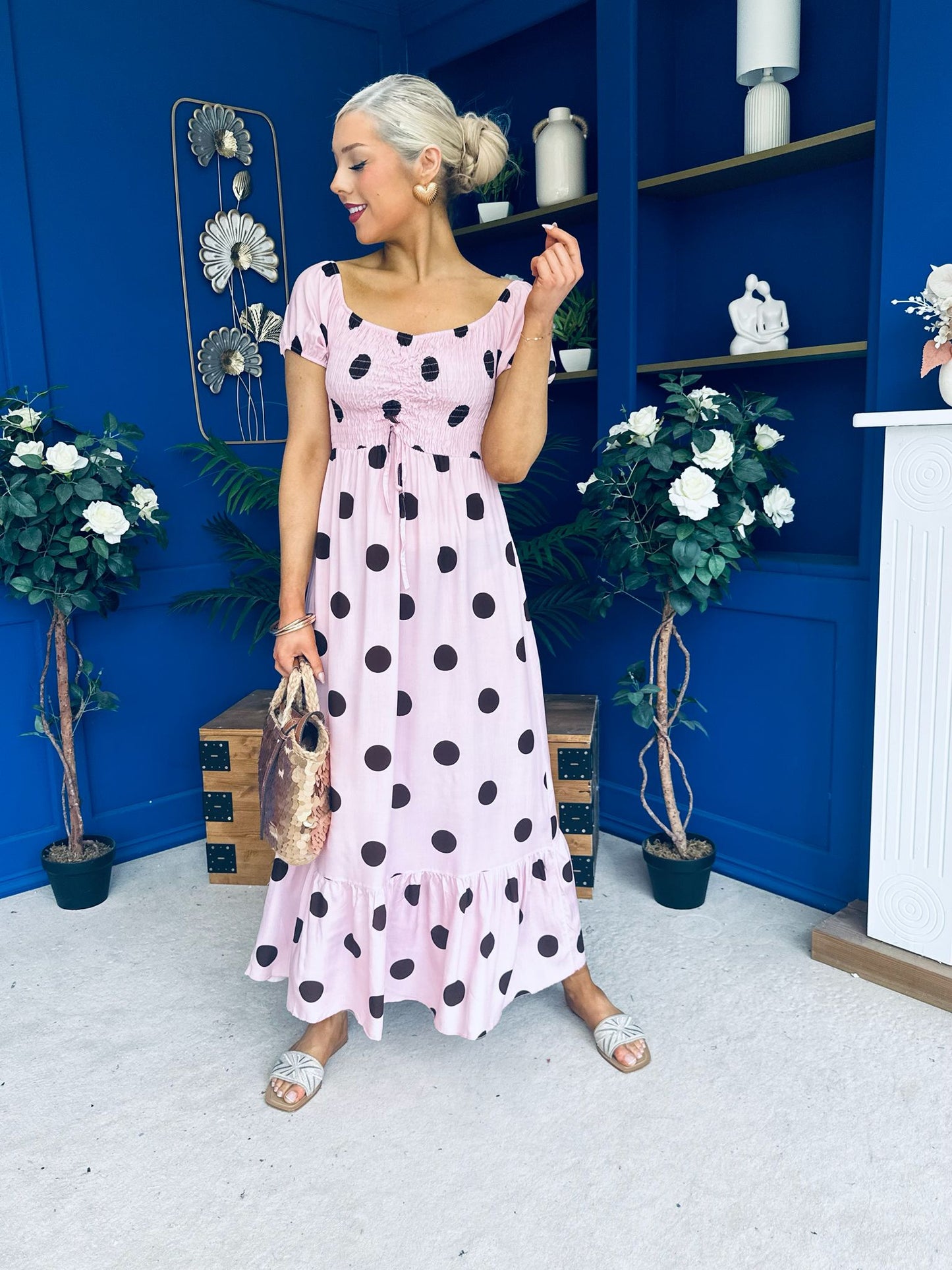 Serena Square Neck Midi Dress Coco Polka Pink