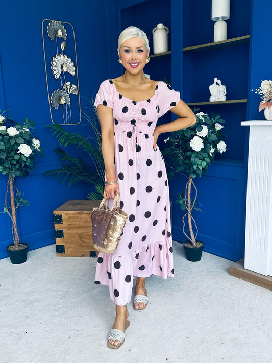 Serena Square Neck Midi Dress Coco Polka Pink