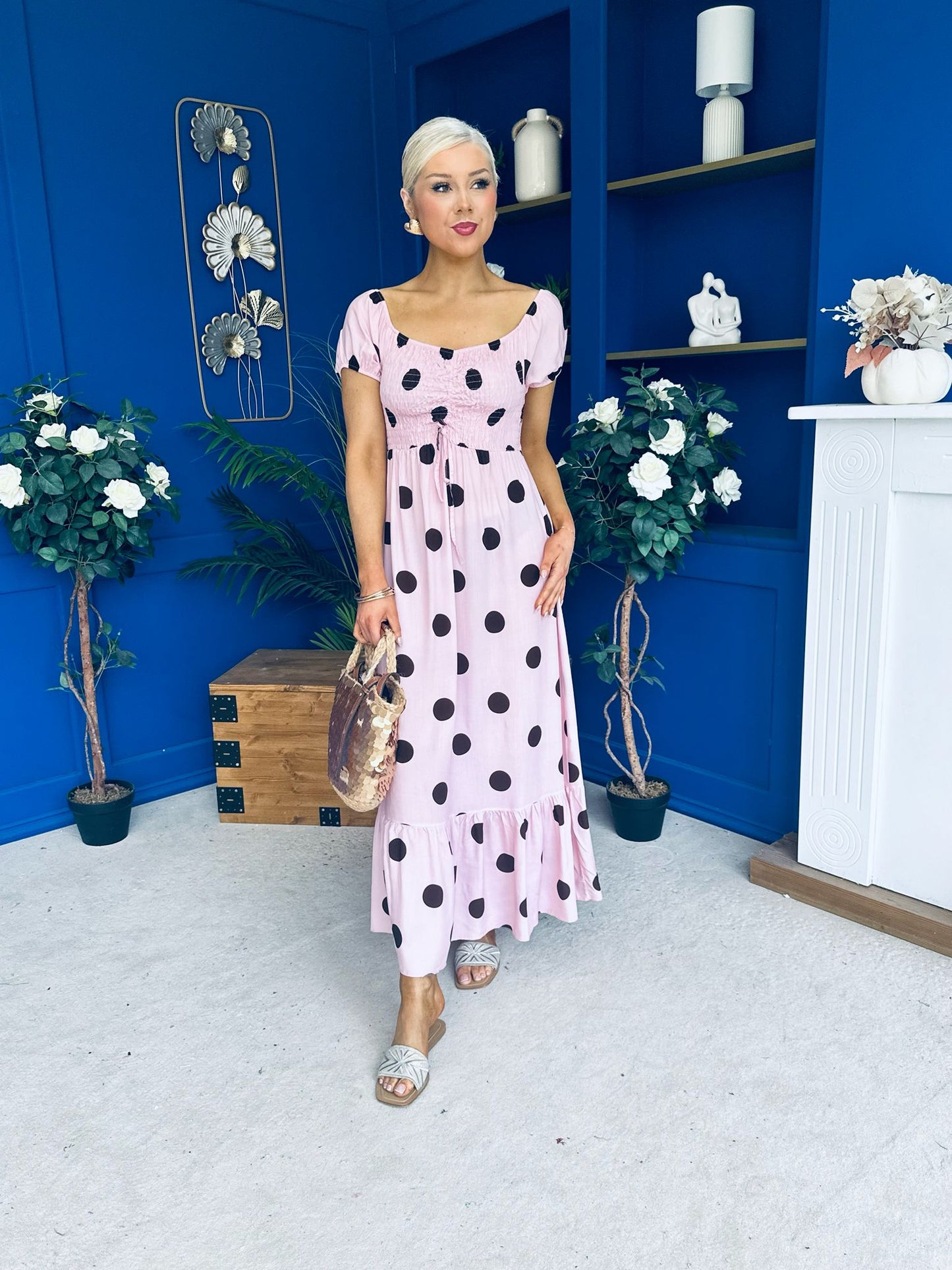 Serena Square Neck Midi Dress Coco Polka Pink
