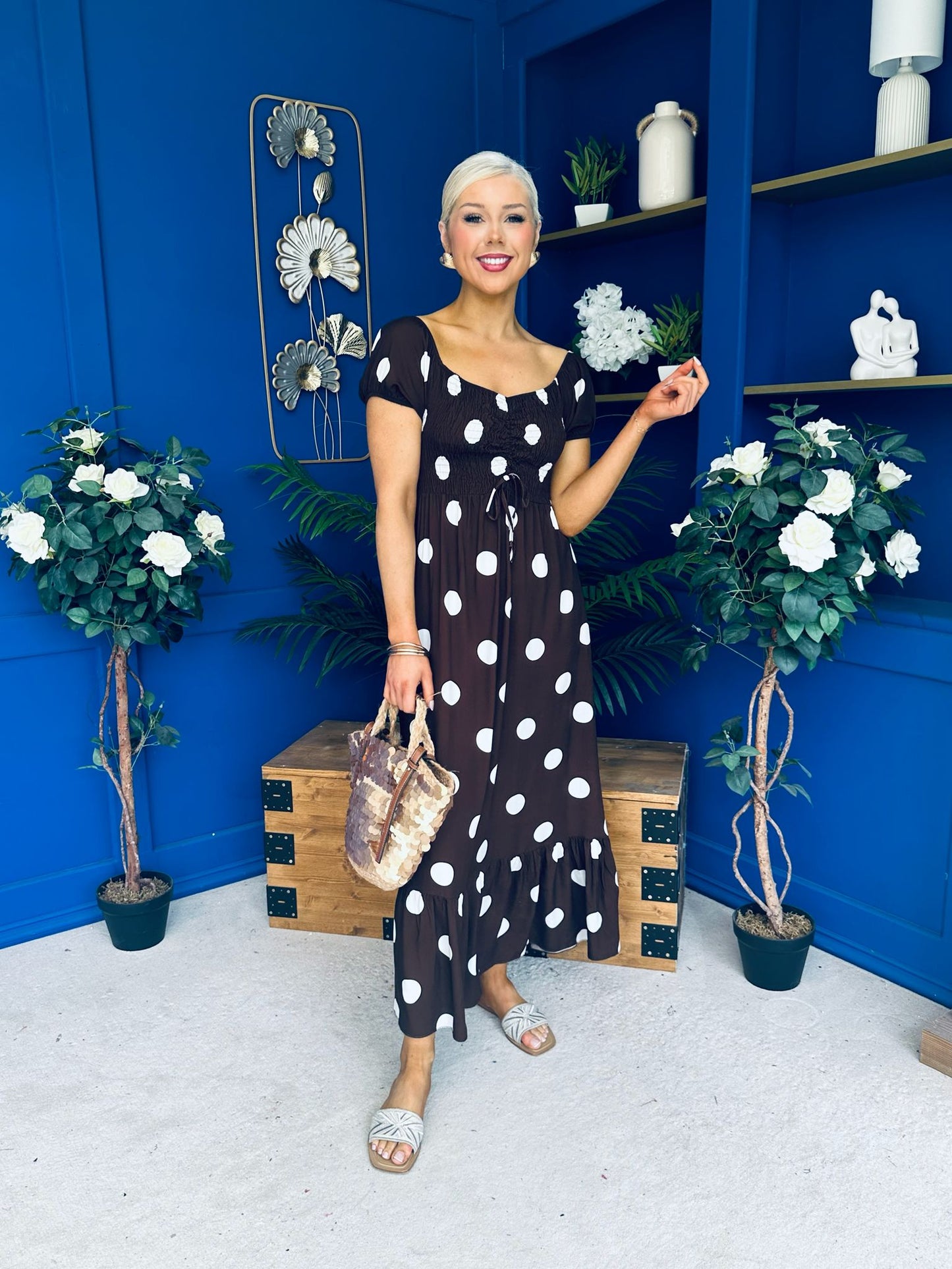Serena Square Neck Midi Dress Cream Polka Coco