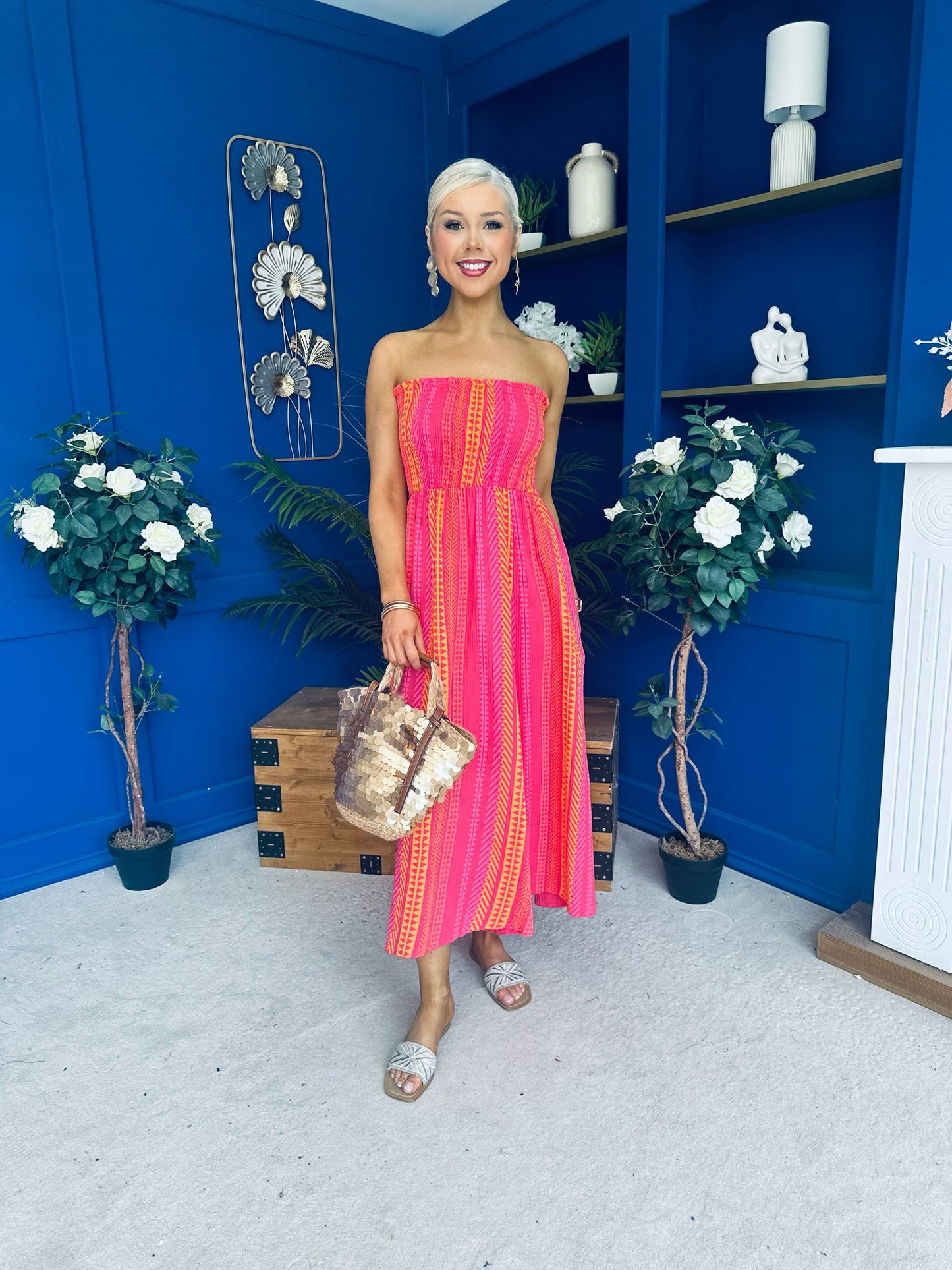 Kiley Bandeau Midi Dress Aztec Stripe Pink