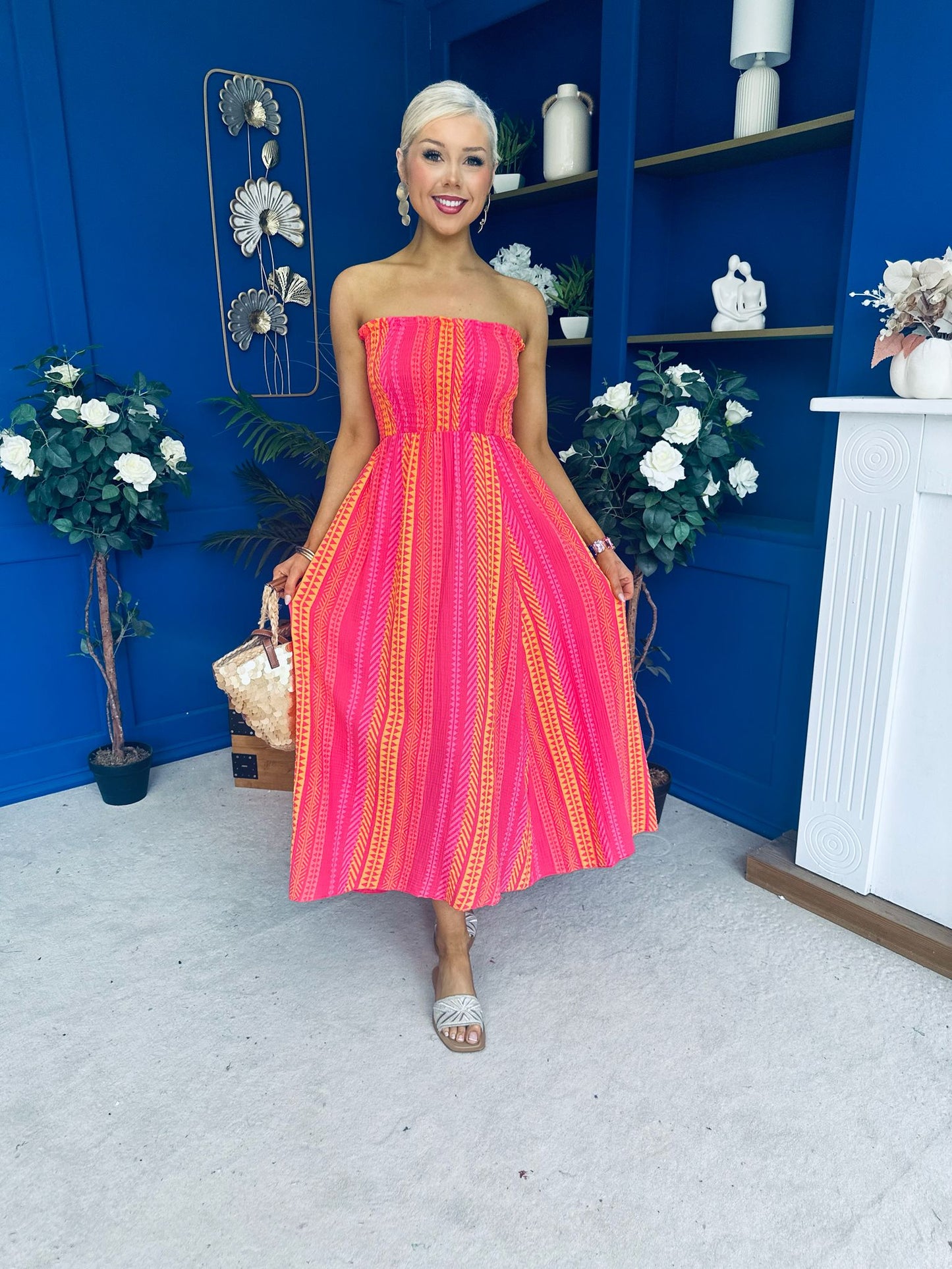 Kiley Bandeau Midi Dress Aztec Stripe Pink