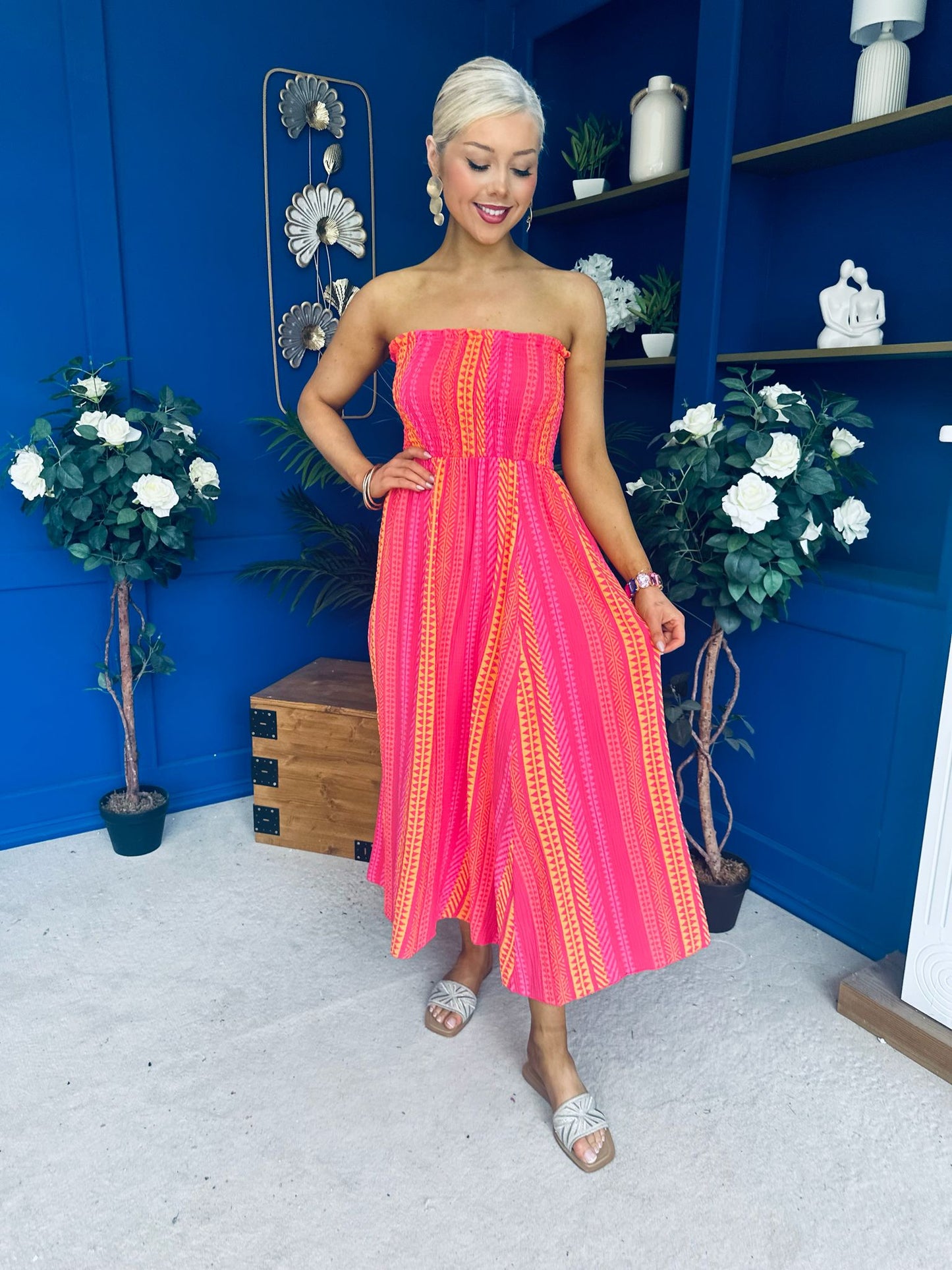 Kiley Bandeau Midi Dress Aztec Stripe Pink