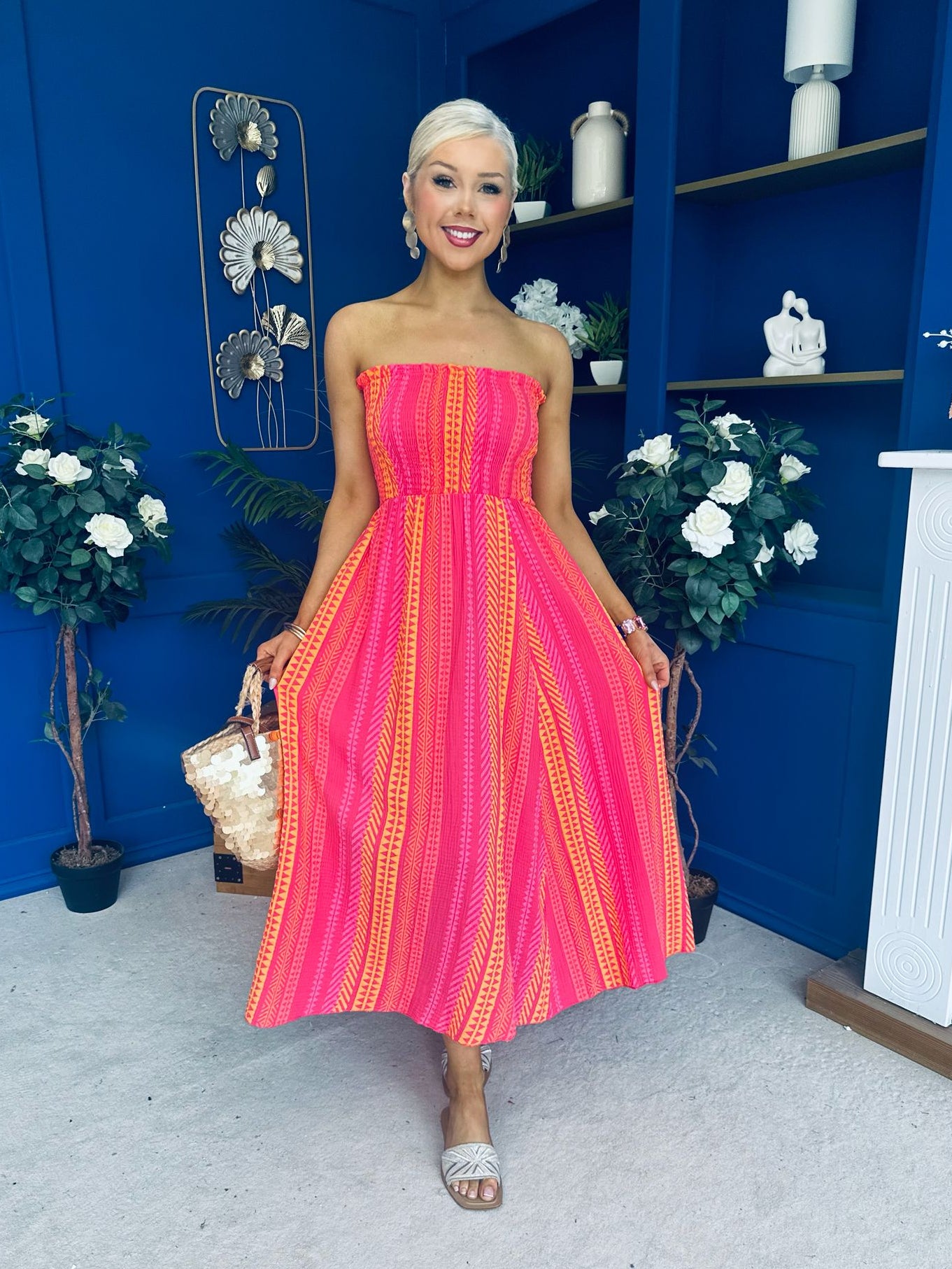 Kiley Bandeau Midi Dress Aztec Stripe Pink
