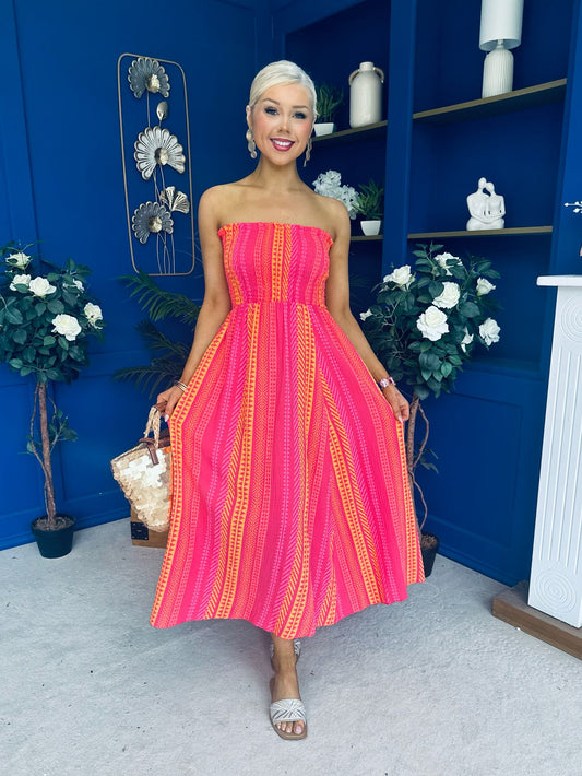 Kiley Bandeau Midi Dress Aztec Stripe Pink