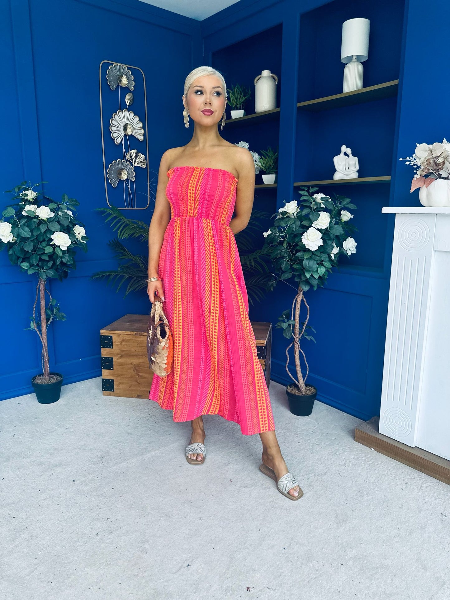 Kiley Bandeau Midi Dress Aztec Stripe Pink