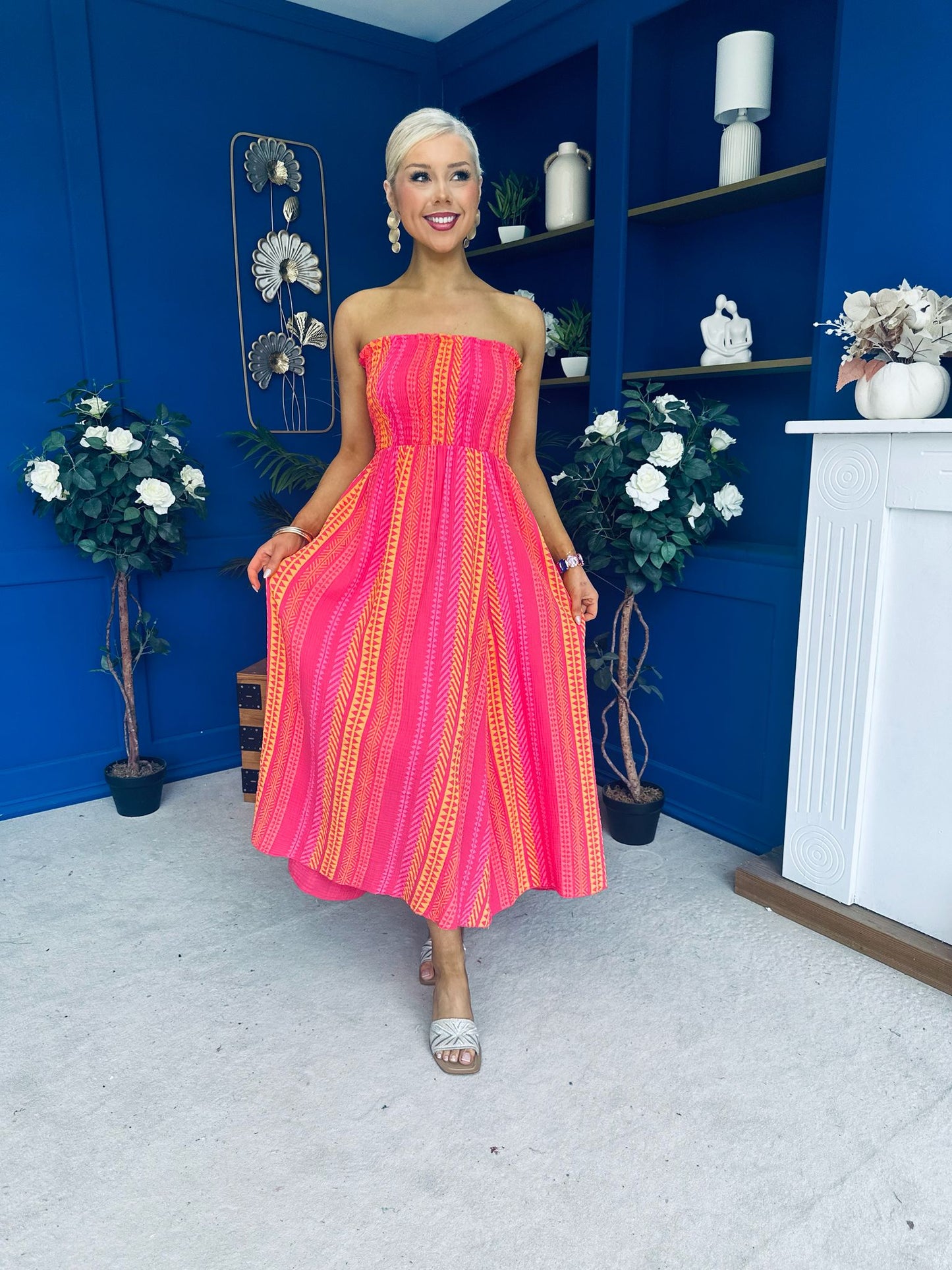 Kiley Bandeau Midi Dress Aztec Stripe Pink
