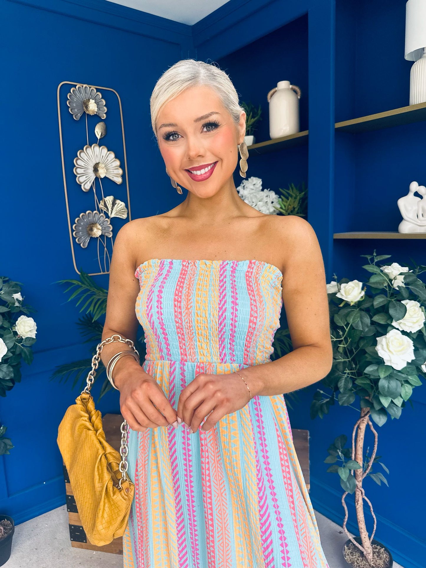 Kiley Bandeau Midi Dress Aztec Stripe Blue