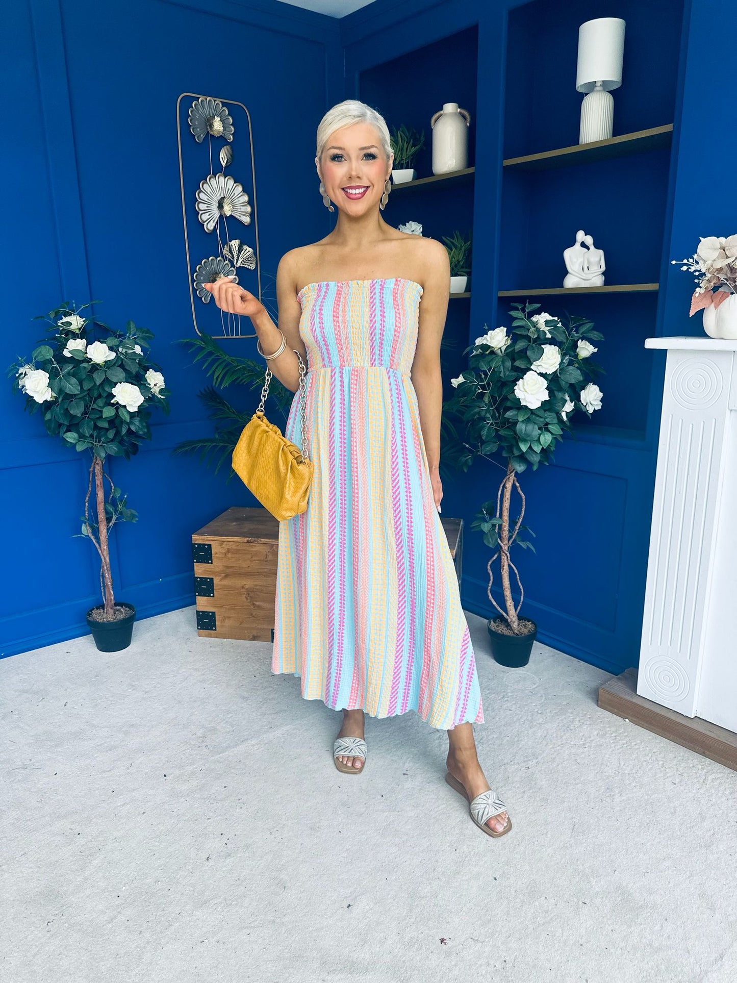 Kiley Bandeau Midi Dress Aztec Stripe Blue