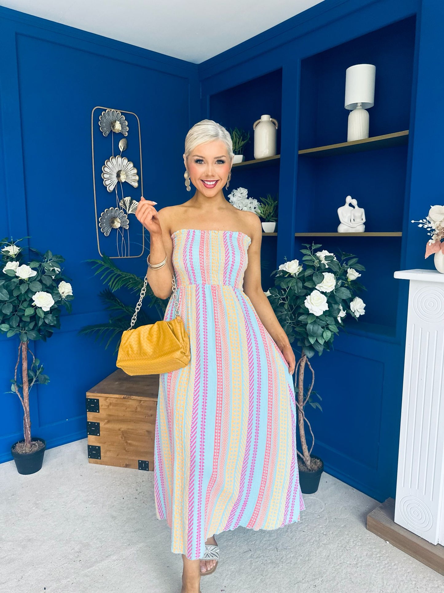 Kiley Bandeau Midi Dress Aztec Stripe Blue