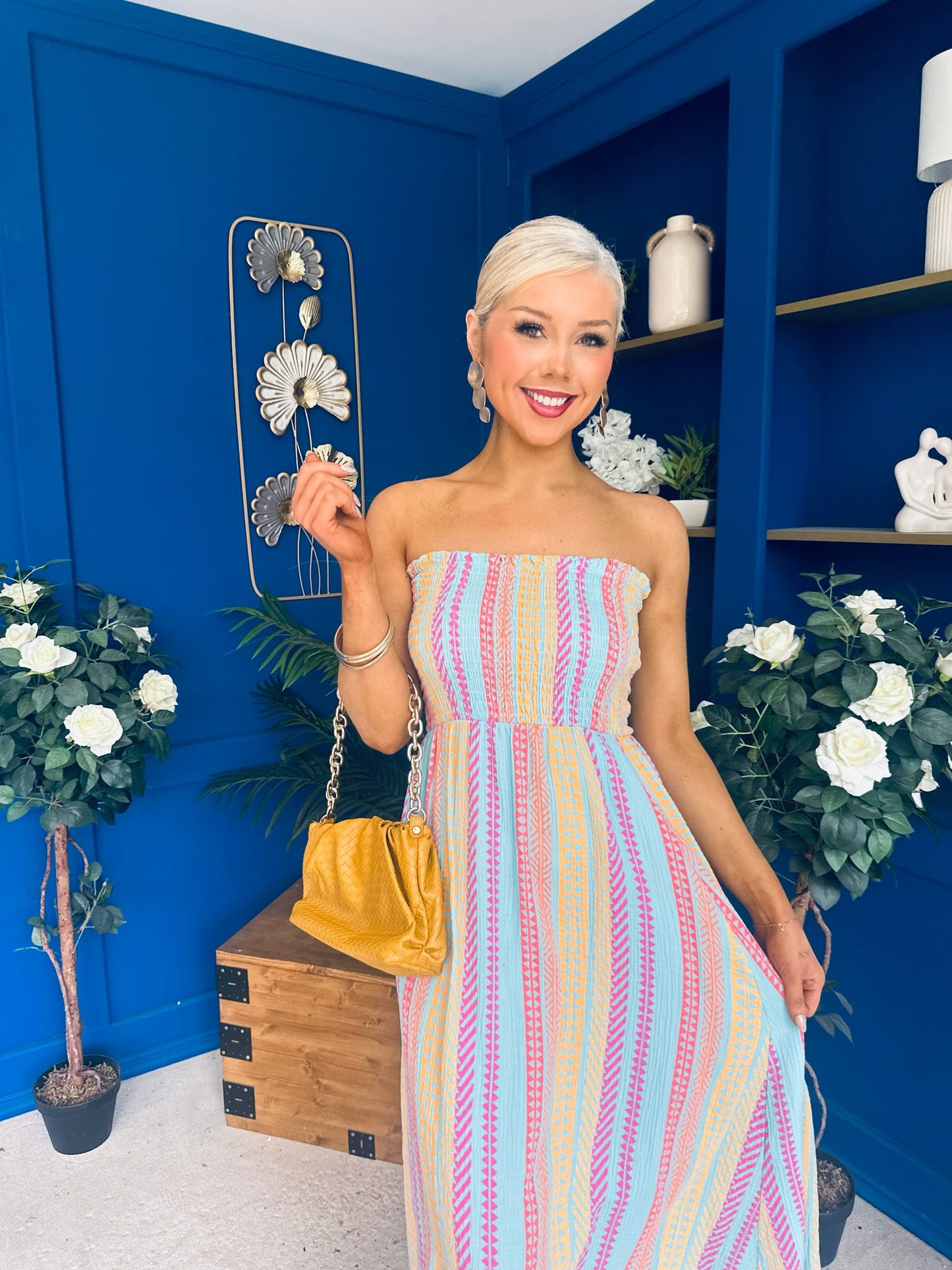 Kiley Bandeau Midi Dress Aztec Stripe Blue
