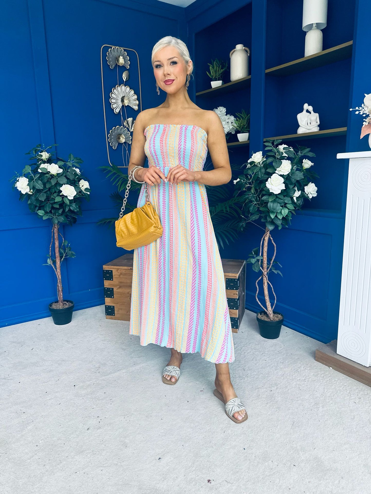 Kiley Bandeau Midi Dress Aztec Stripe Blue