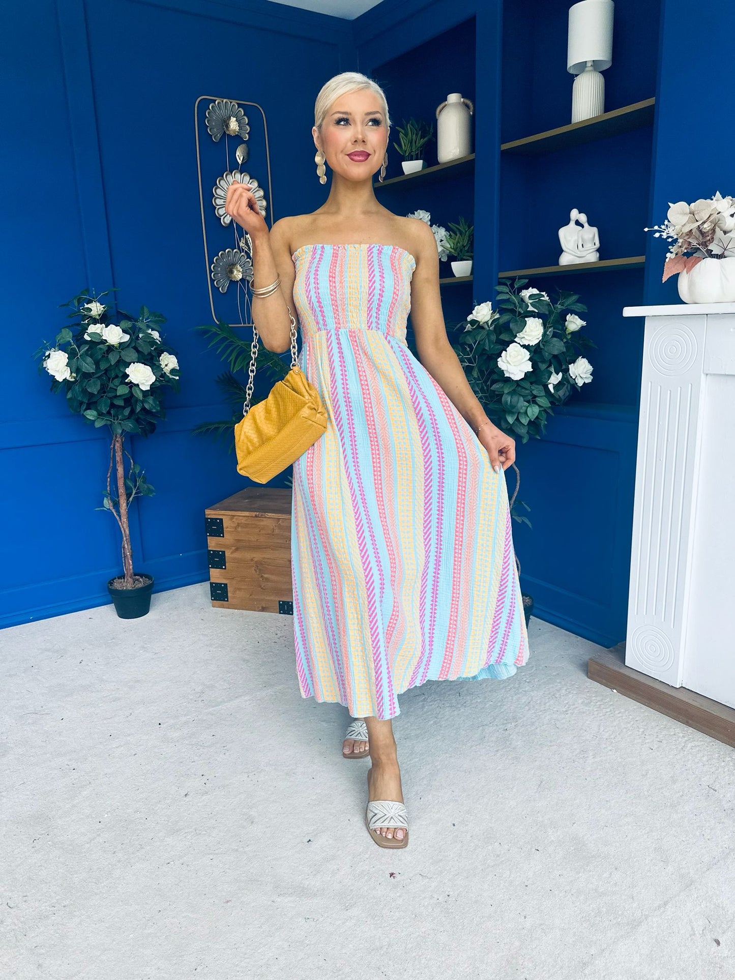 Kiley Bandeau Midi Dress Aztec Stripe Blue