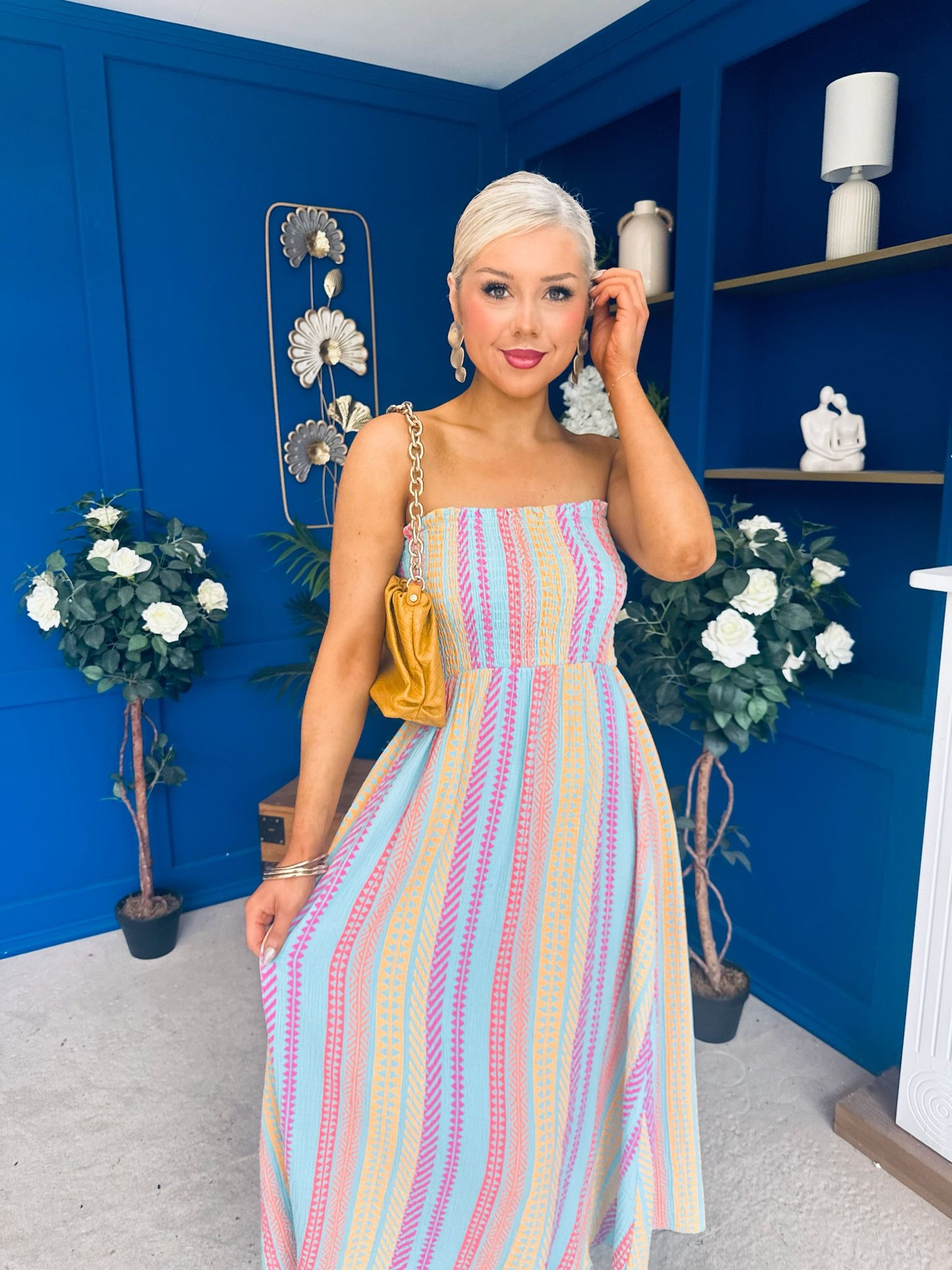 Kiley Bandeau Midi Dress Aztec Stripe Blue