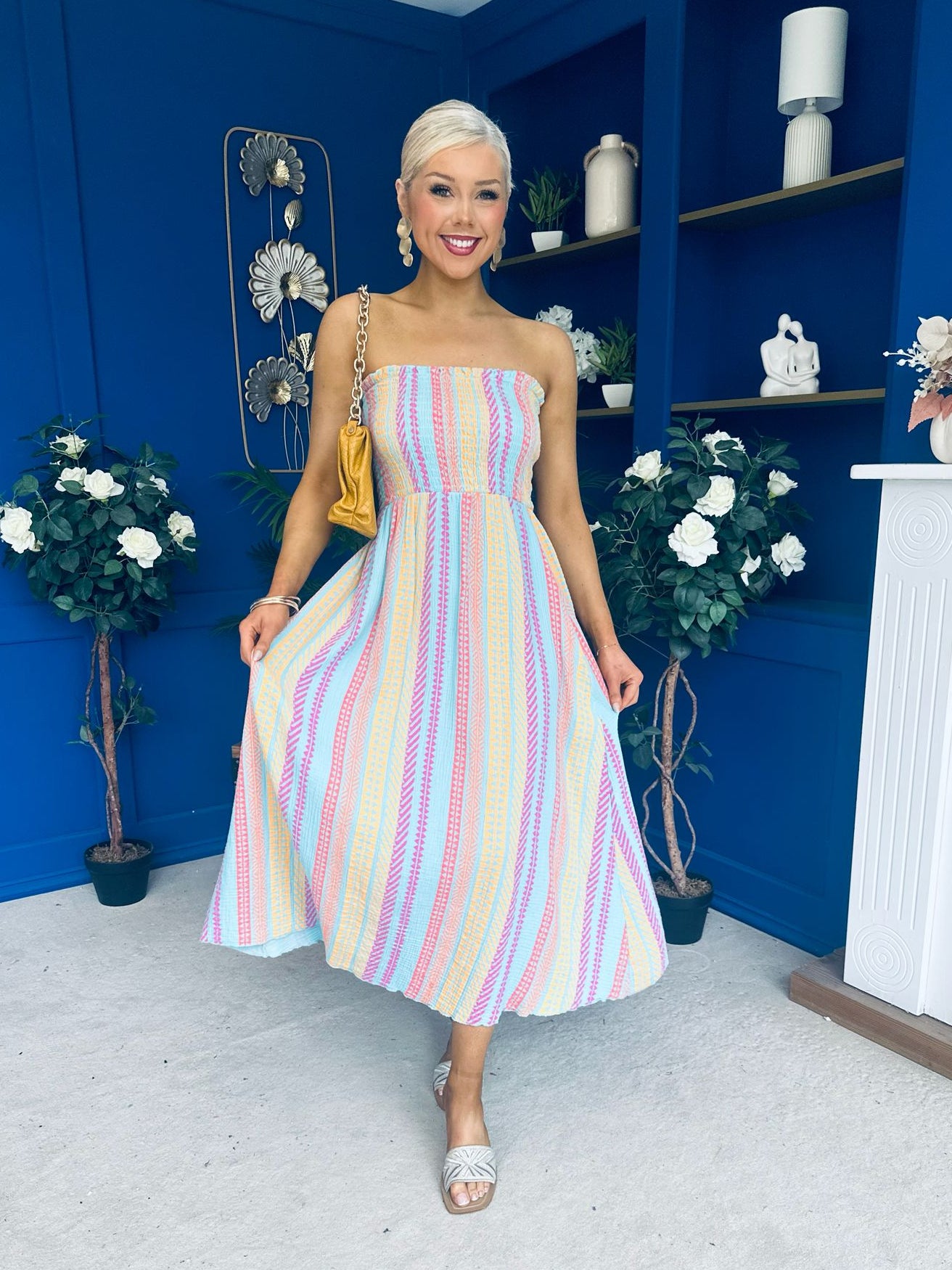 Kiley Bandeau Midi Dress Aztec Stripe Blue
