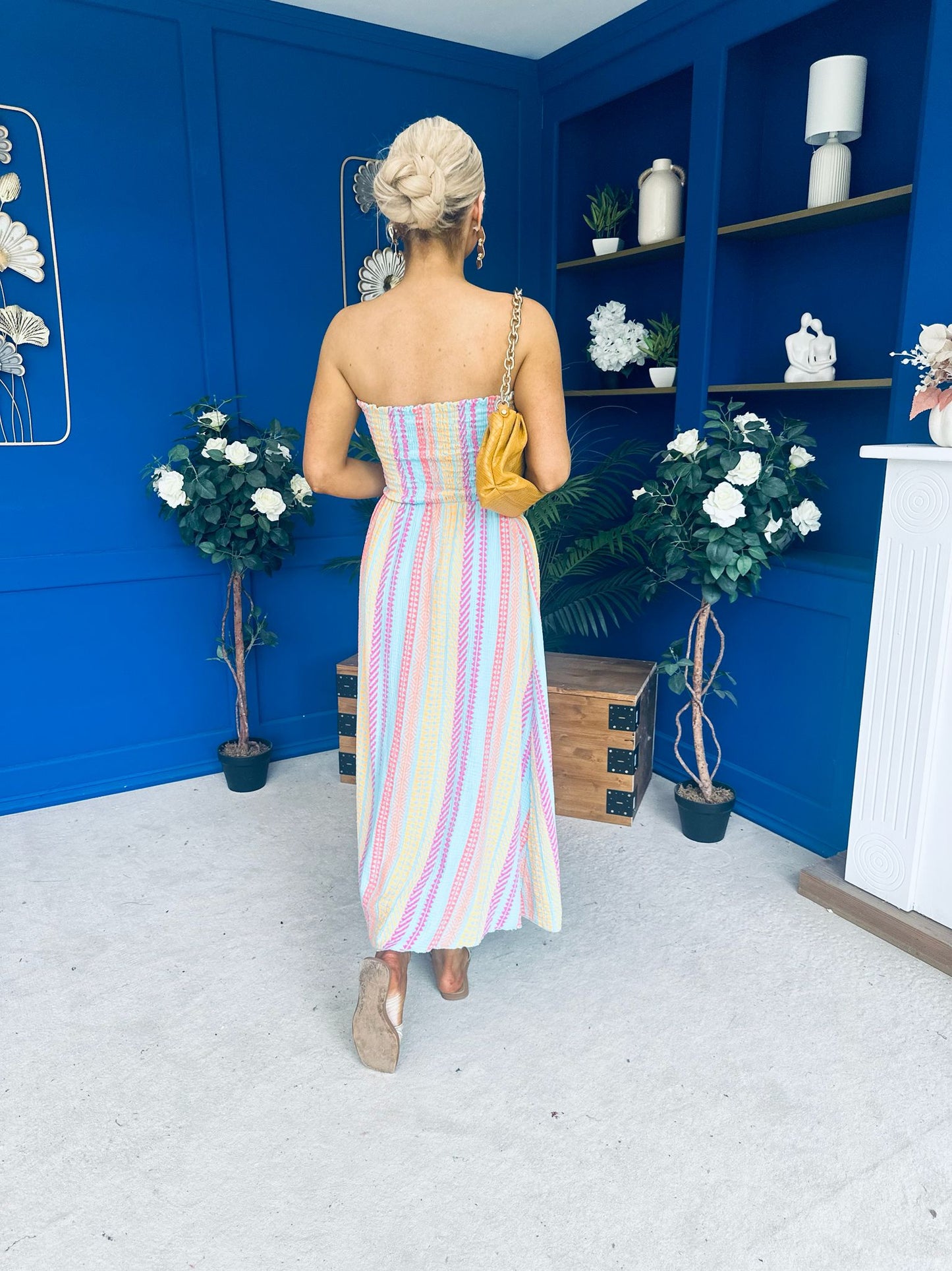 Kiley Bandeau Midi Dress Aztec Stripe Blue