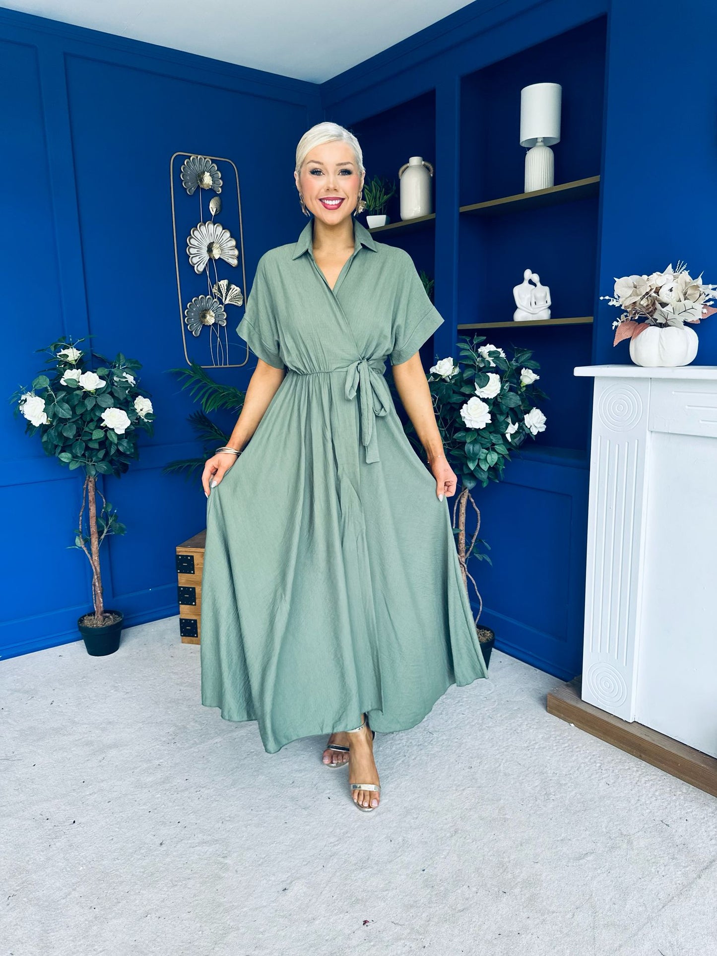 Raven Angel Sleeve Wrap Maxi Dress Khaki