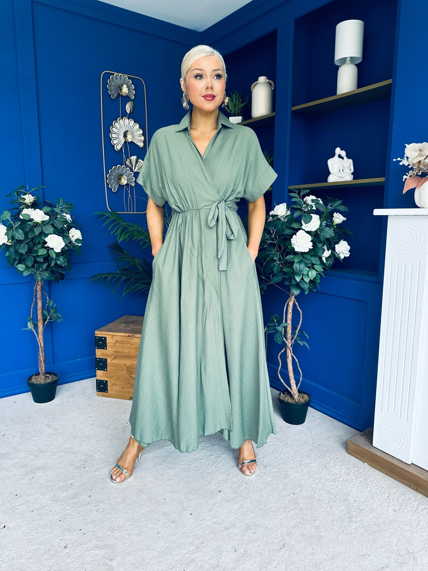 Raven Angel Sleeve Wrap Maxi Dress Khaki
