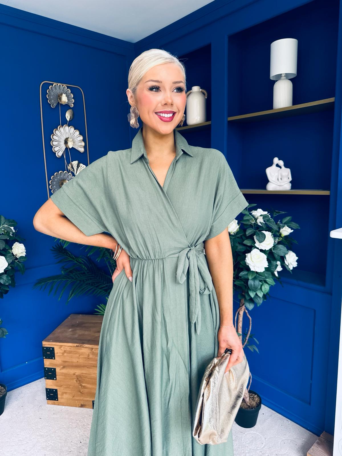 Raven Angel Sleeve Wrap Maxi Dress Khaki
