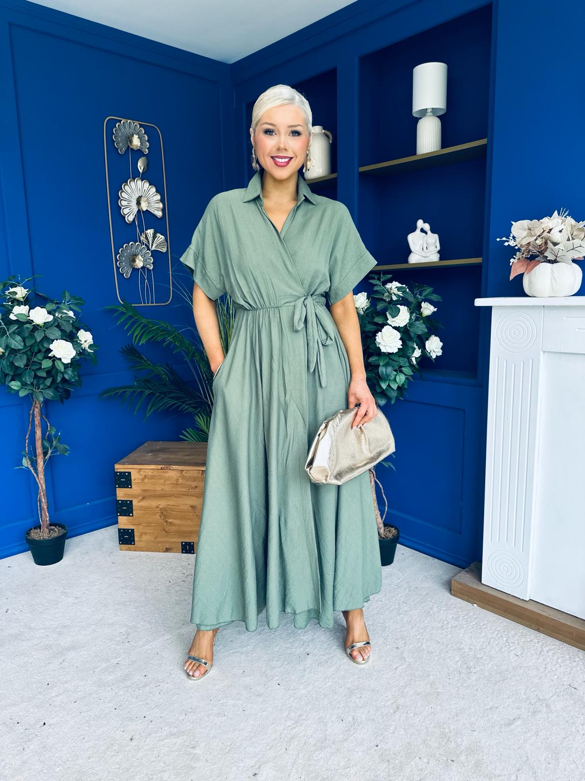 Raven Angel Sleeve Wrap Maxi Dress Khaki