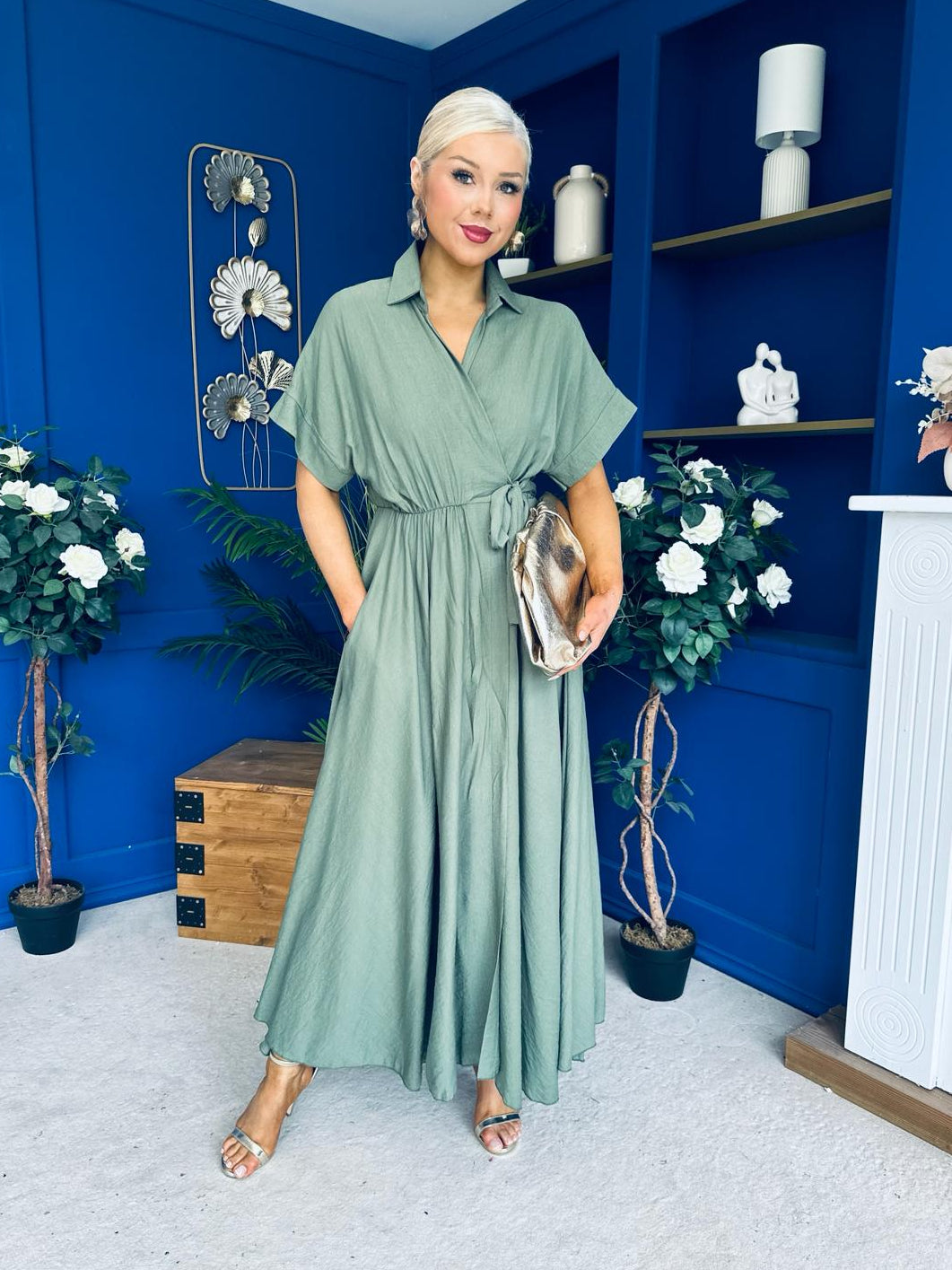 Raven Angel Sleeve Wrap Maxi Dress Khaki