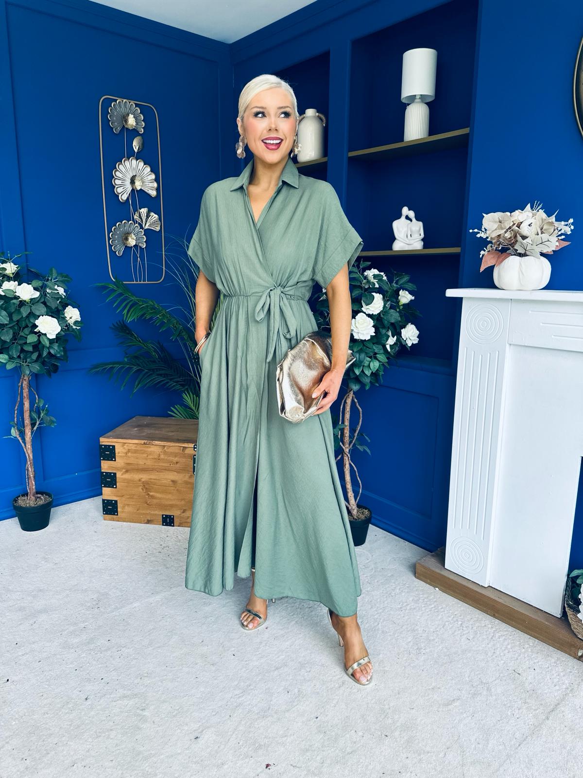 Raven Angel Sleeve Wrap Maxi Dress Khaki