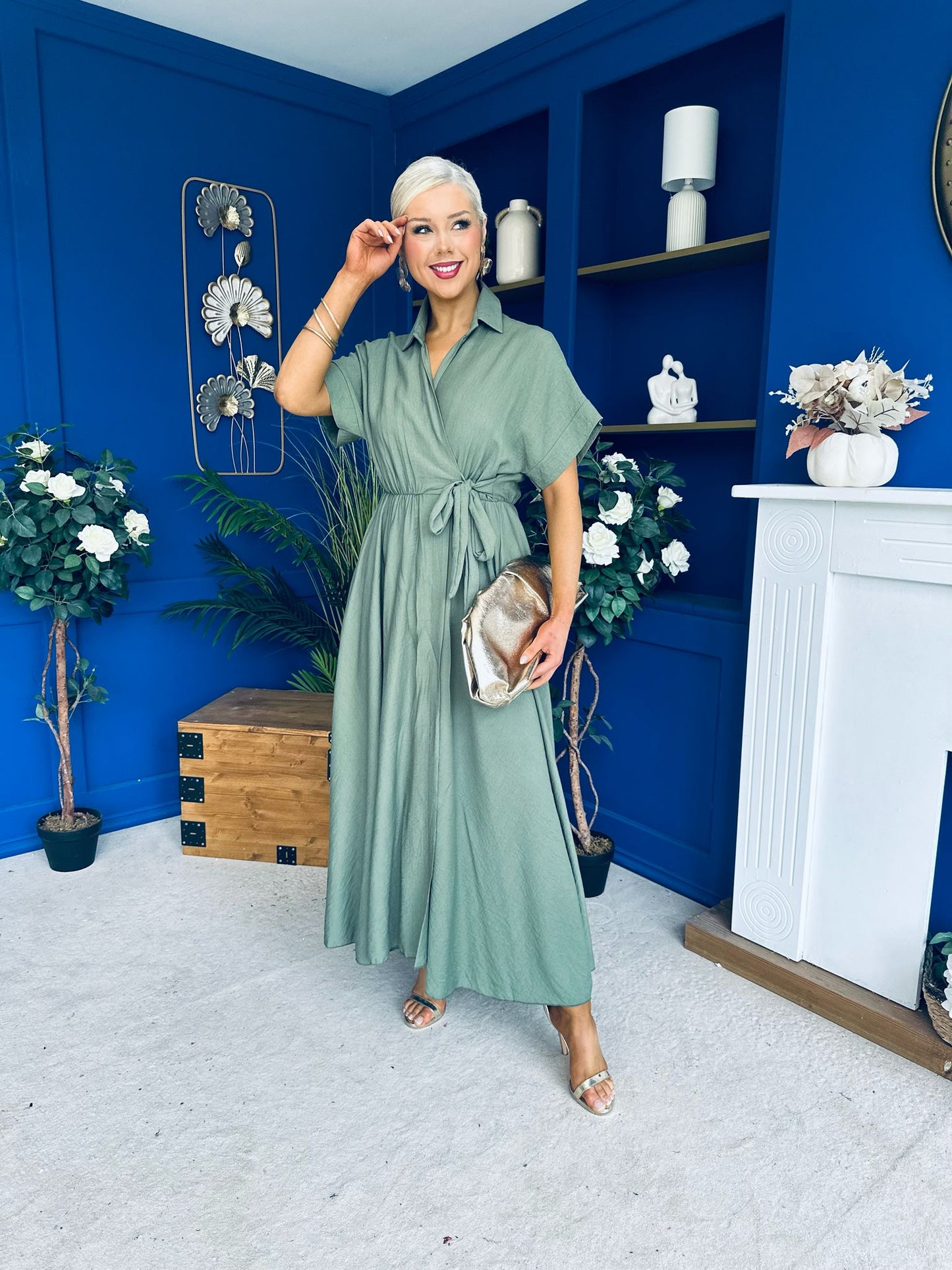Raven Angel Sleeve Wrap Maxi Dress Khaki