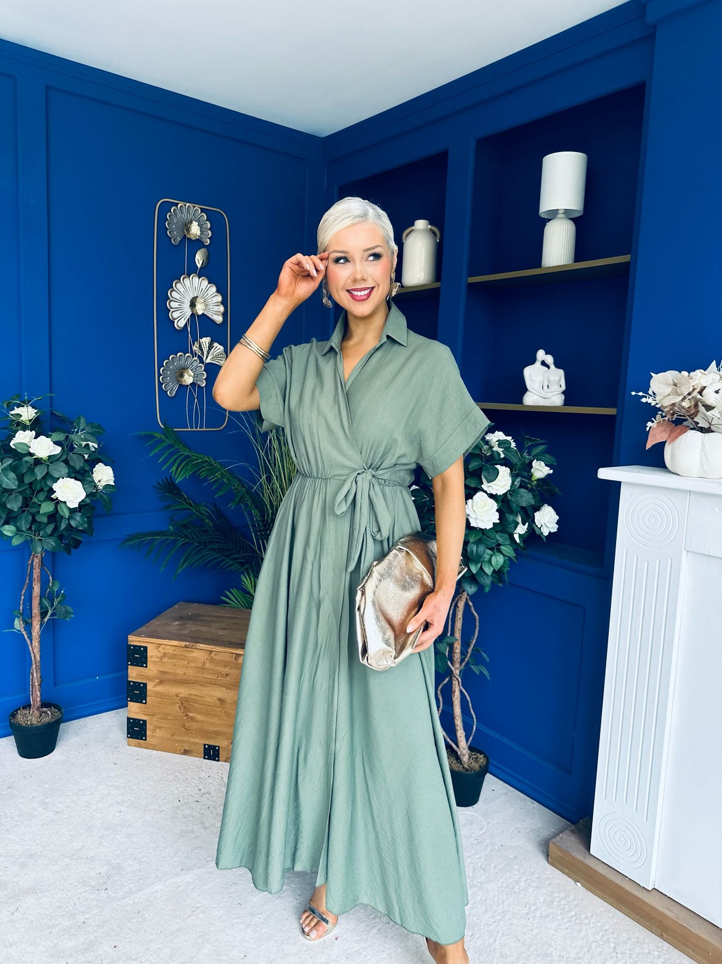 Raven Angel Sleeve Wrap Maxi Dress Khaki